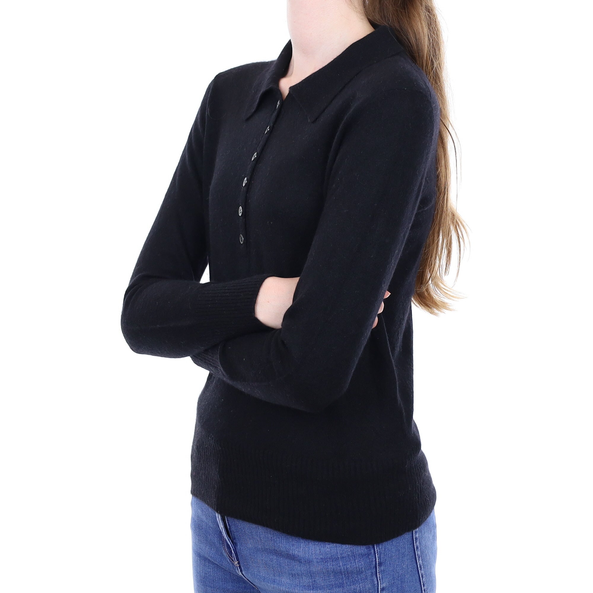 Black Cashmere Button Up Jumper with Collar Extra Small