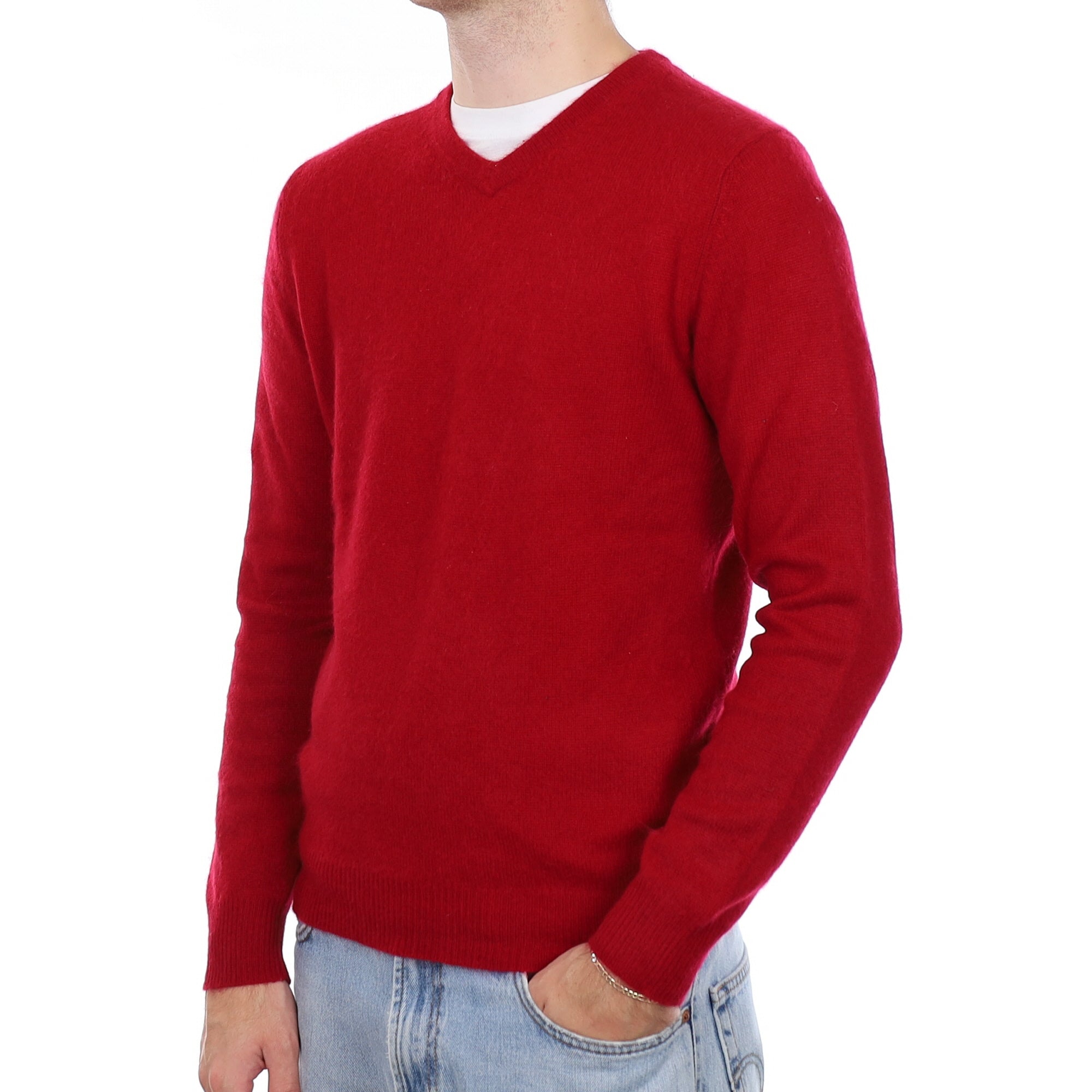 Men's Crimson Red Cashmere V Neck Jumper Medium