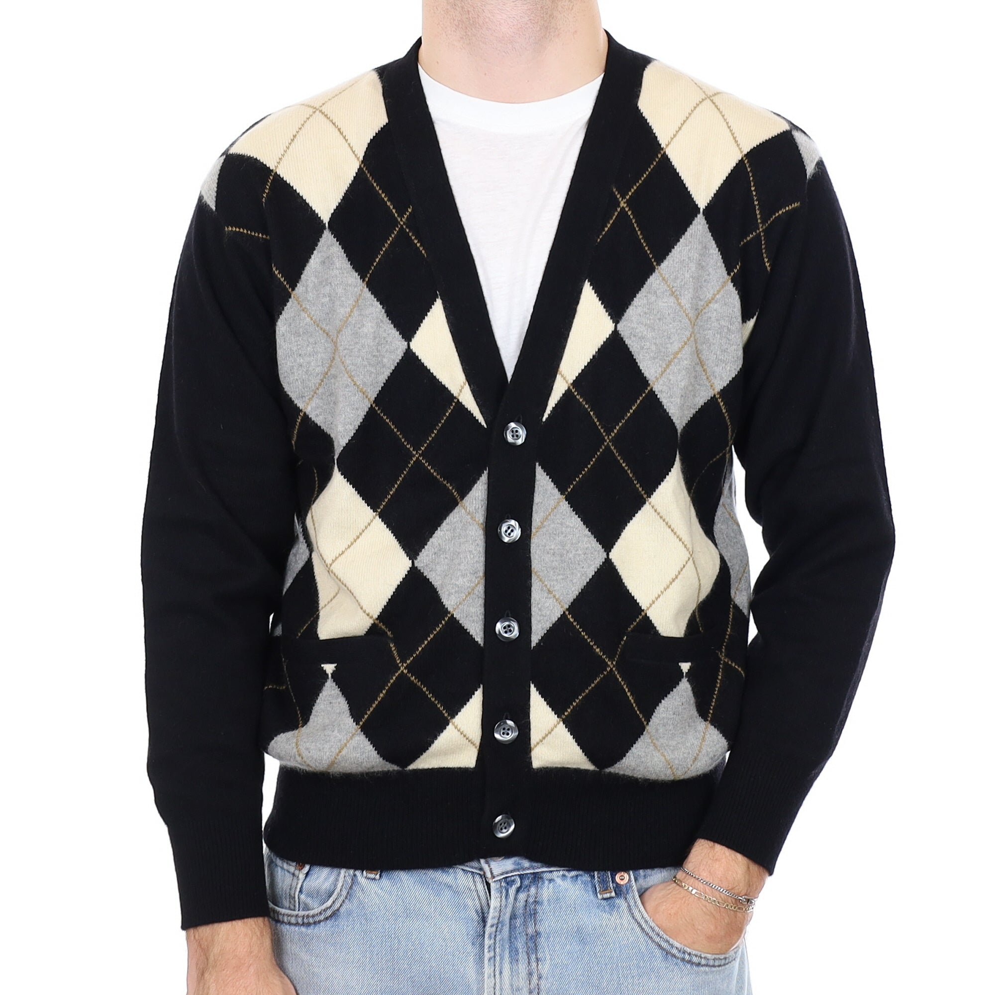 Men's Black and Cream Argyle Cashmere V Neck Cardigan with Pockets Medium