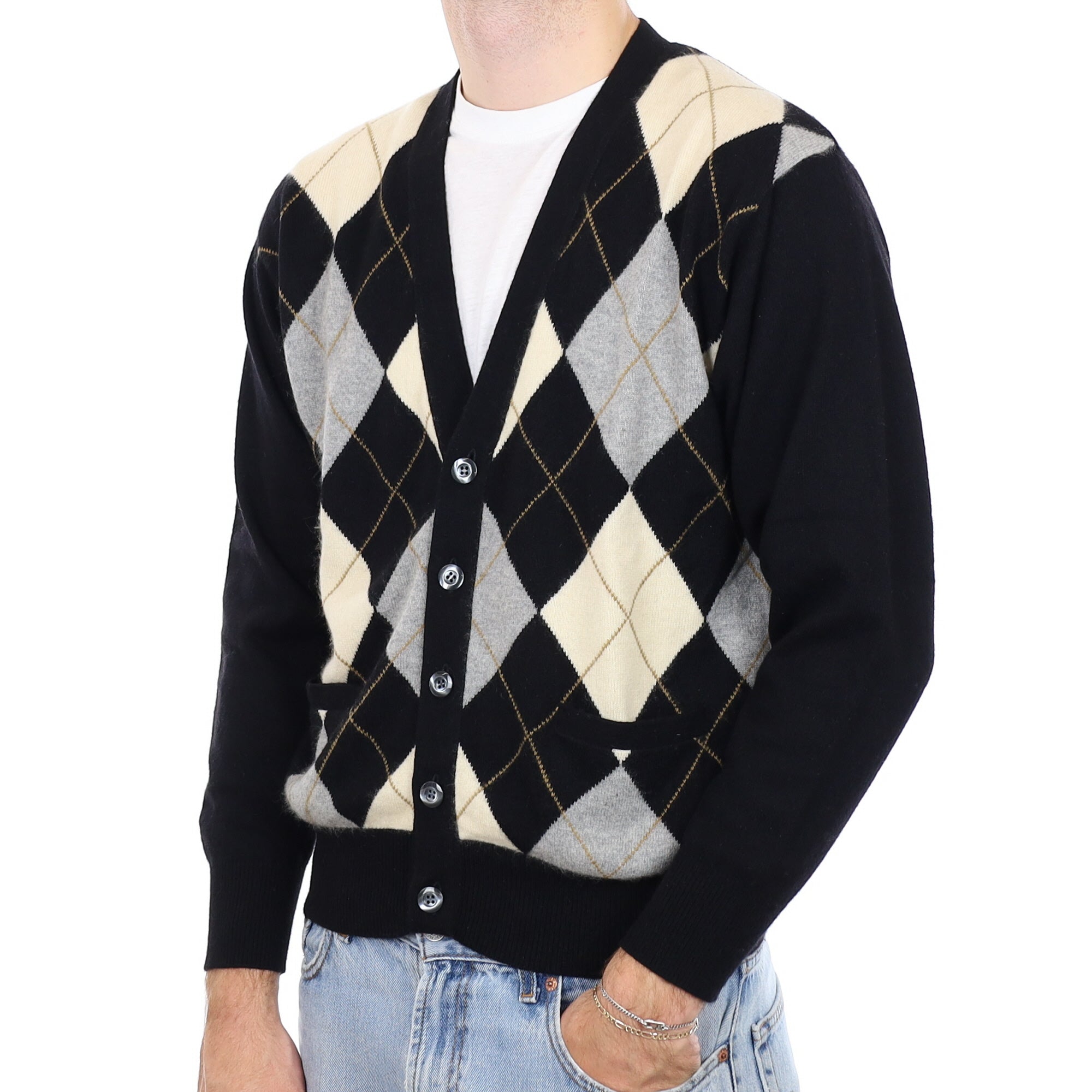 Men's Black and Cream Argyle Cashmere V Neck Cardigan with Pockets Medium