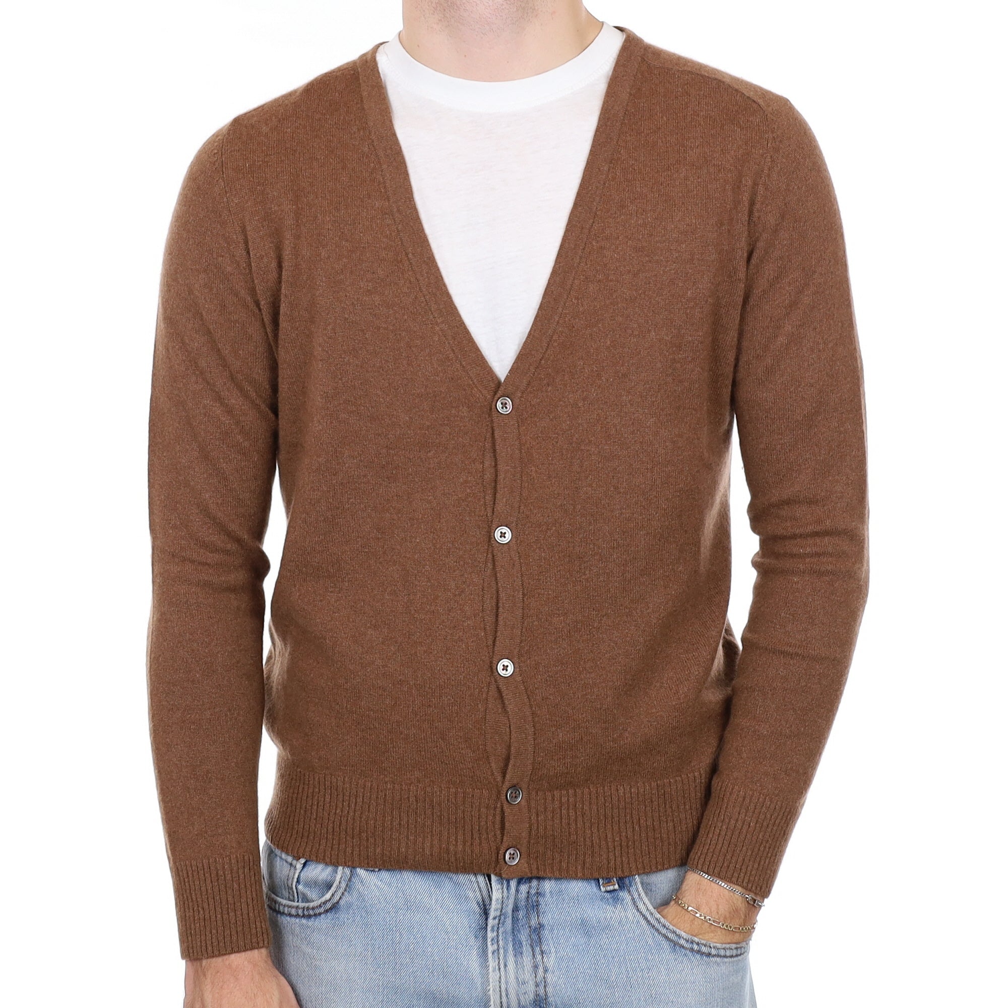 Men's Hazelnut Brown Cashmere V Neck Cardigan Medium