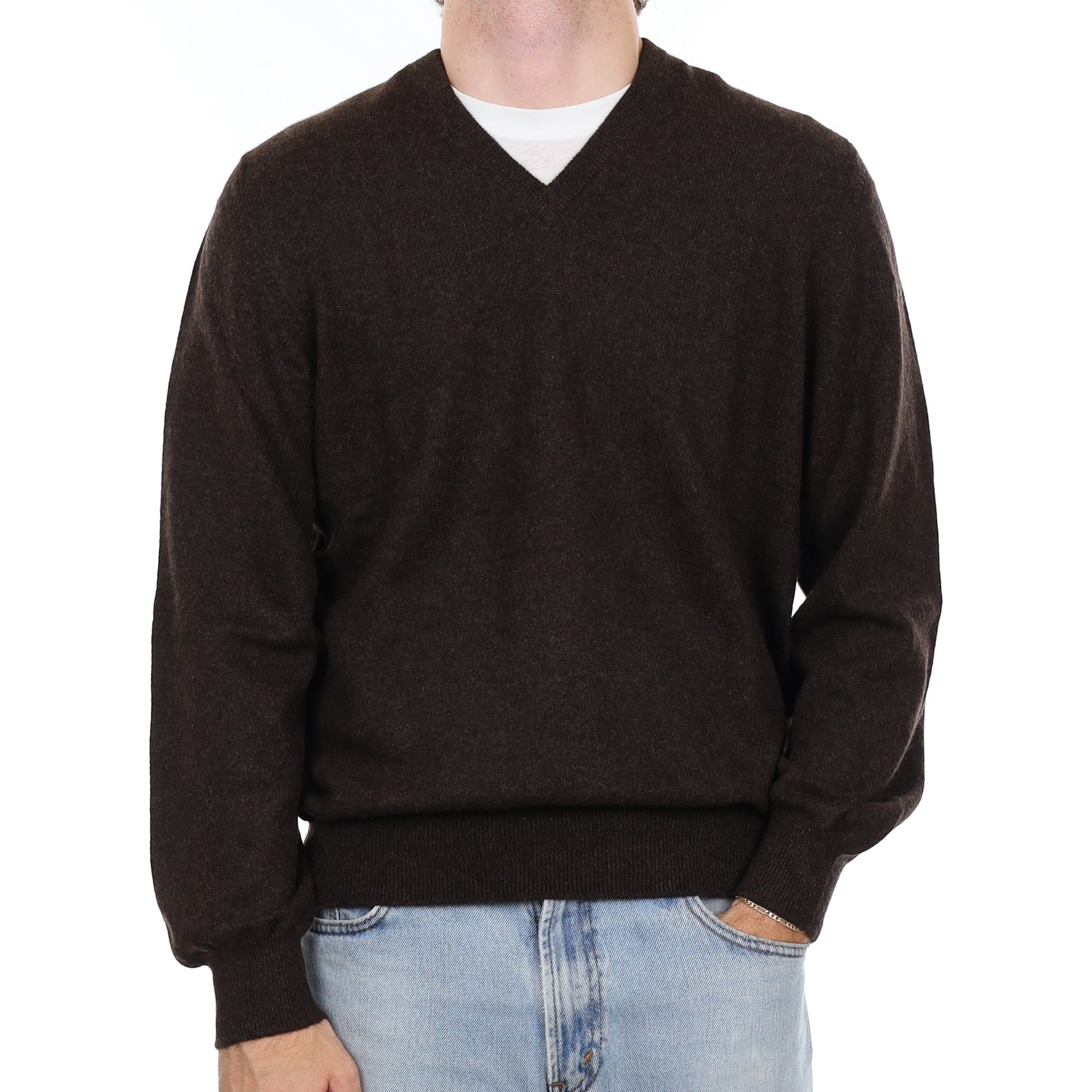 Men's Italian Peppercorn Brown Cashmere V Neck Jumper Large