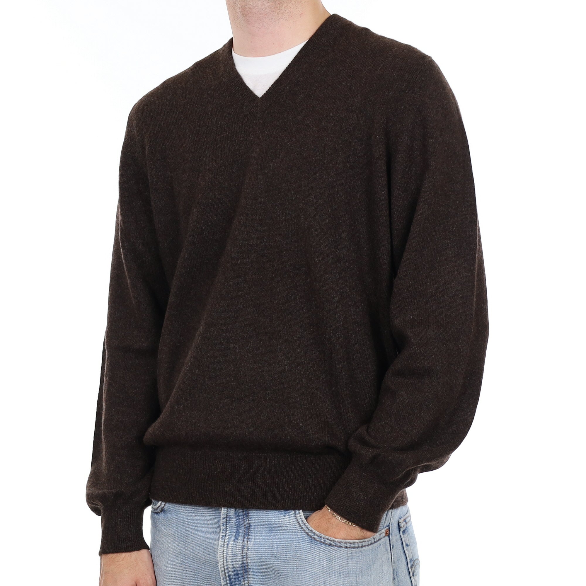 Men's Italian Peppercorn Brown Cashmere V Neck Jumper Large