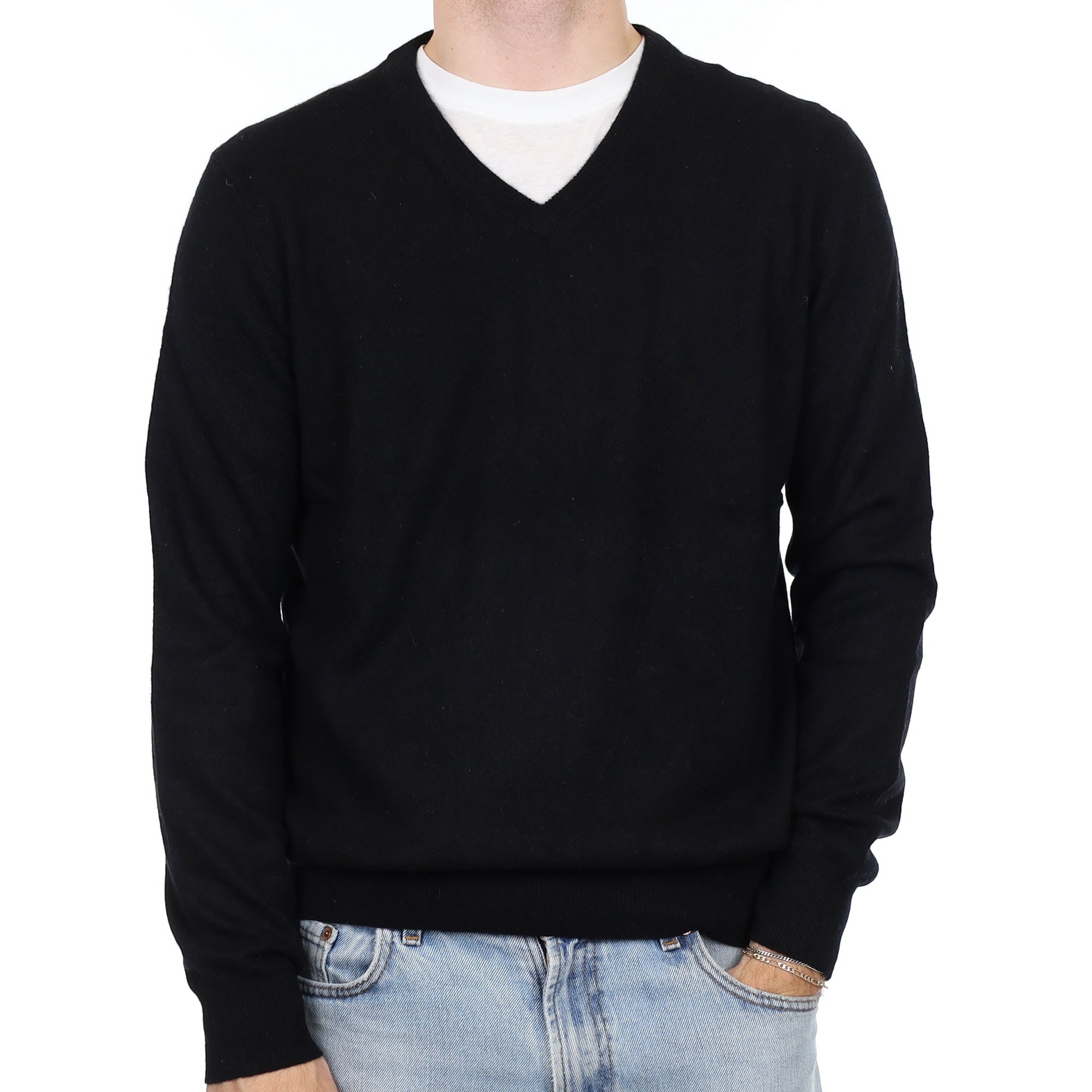 Men's Black Cashmere V Neck Jumper Large
