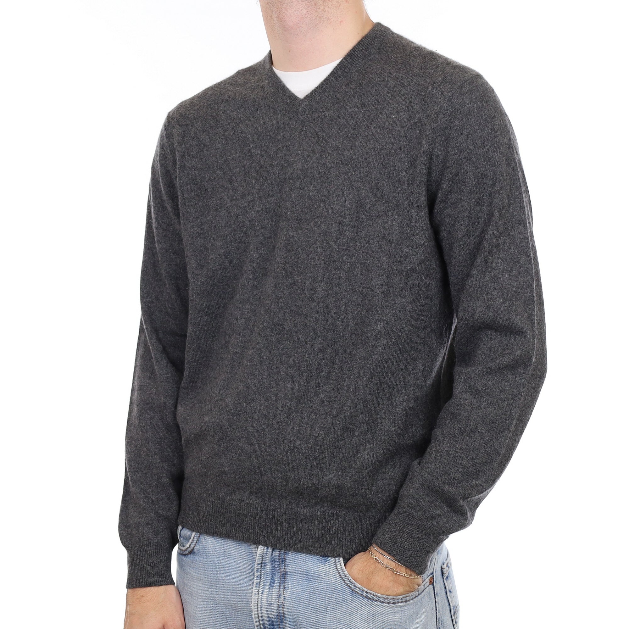 Men's Granite Grey Cashmere V Neck Jumper Large