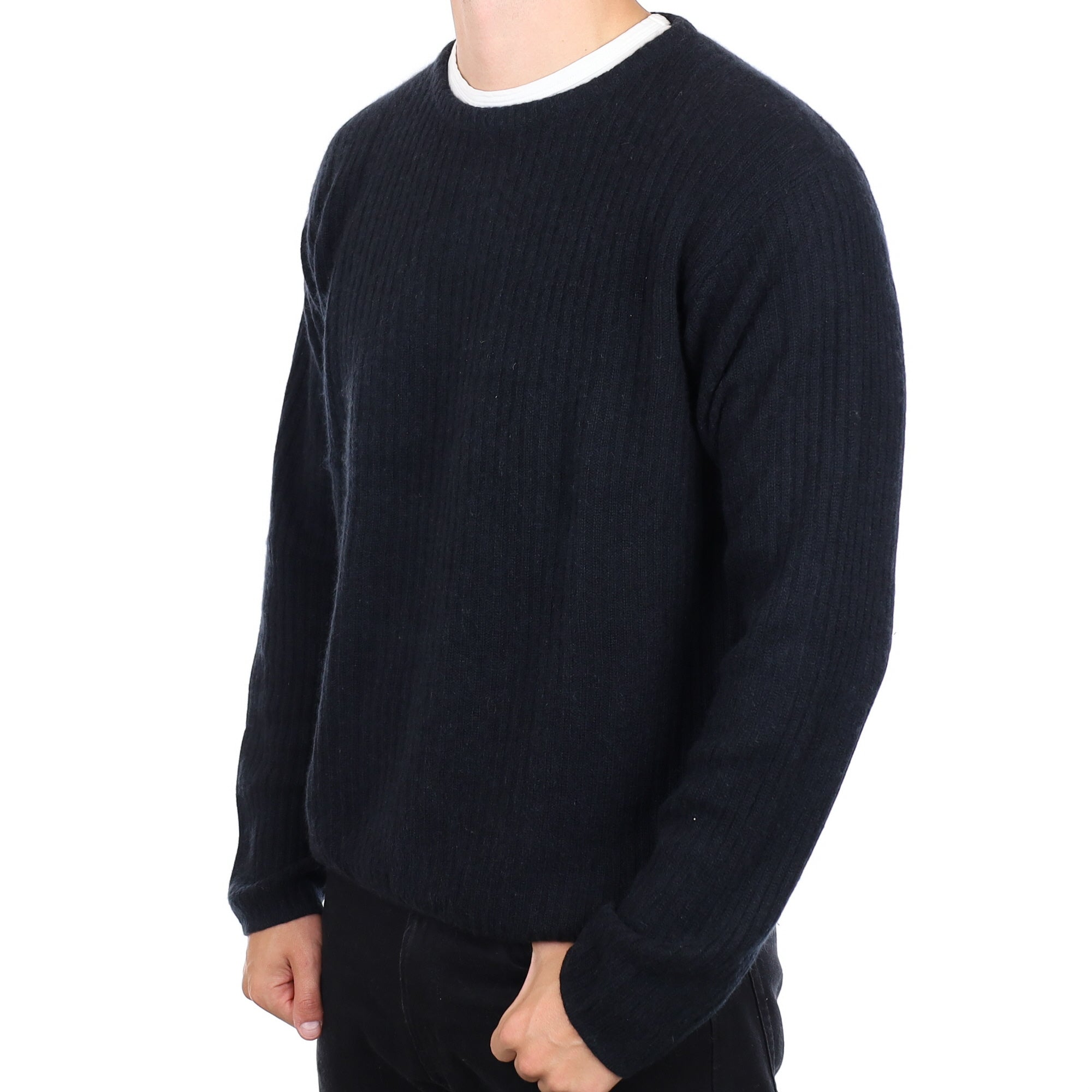 Men's Black Ribbed Cashmere Crew Neck Jumper XL