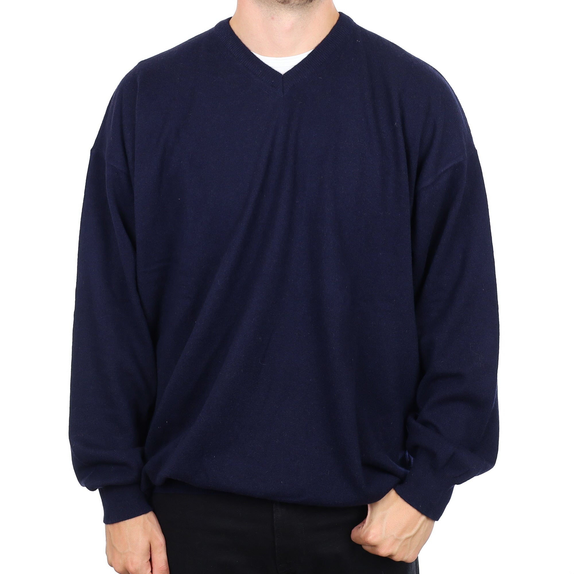 Men's Italian Navy Blue Cashmere V Neck Jumper 4XL