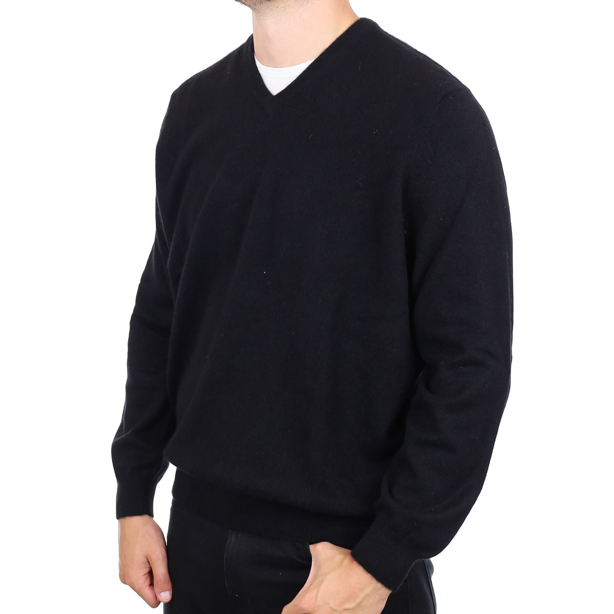 Men's Black Cashmere V Neck Jumper XXL