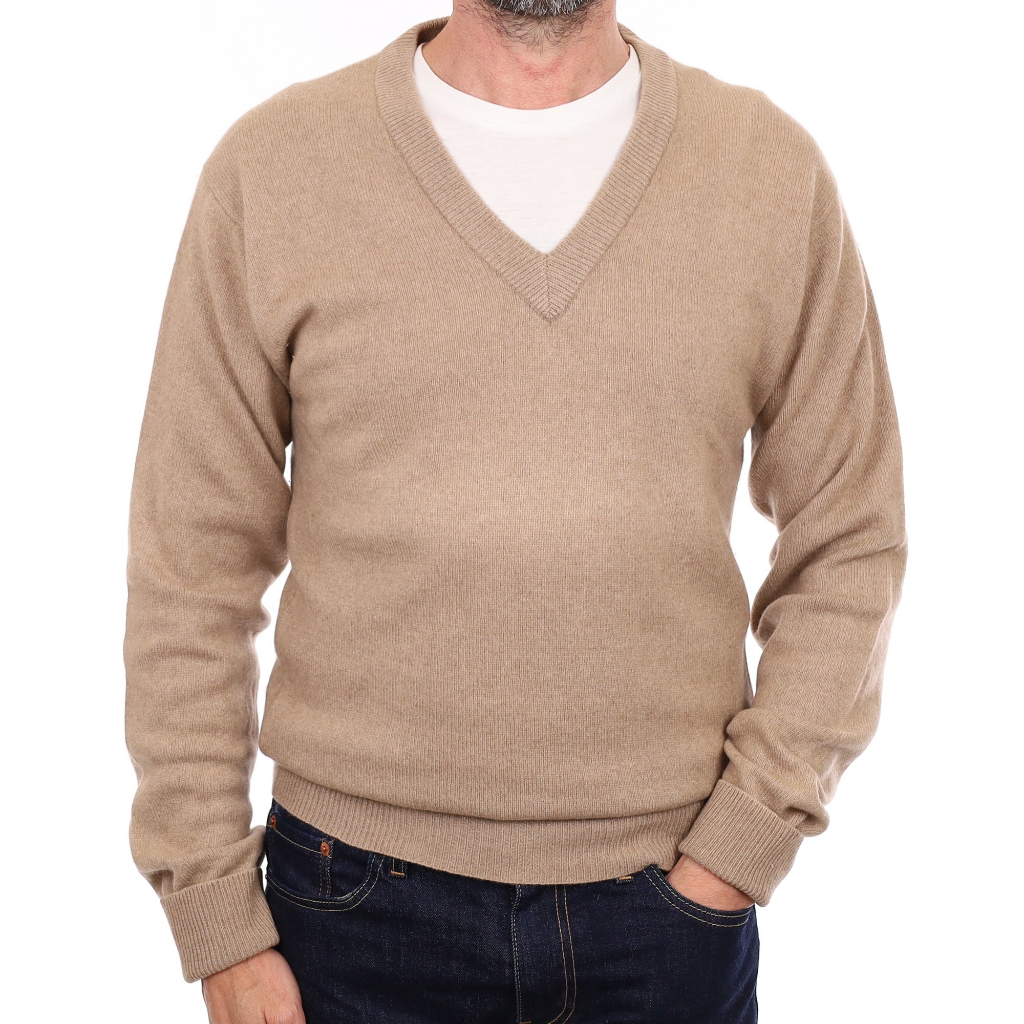 Men's Camel Brown Cashmere V Neck Jumper Small