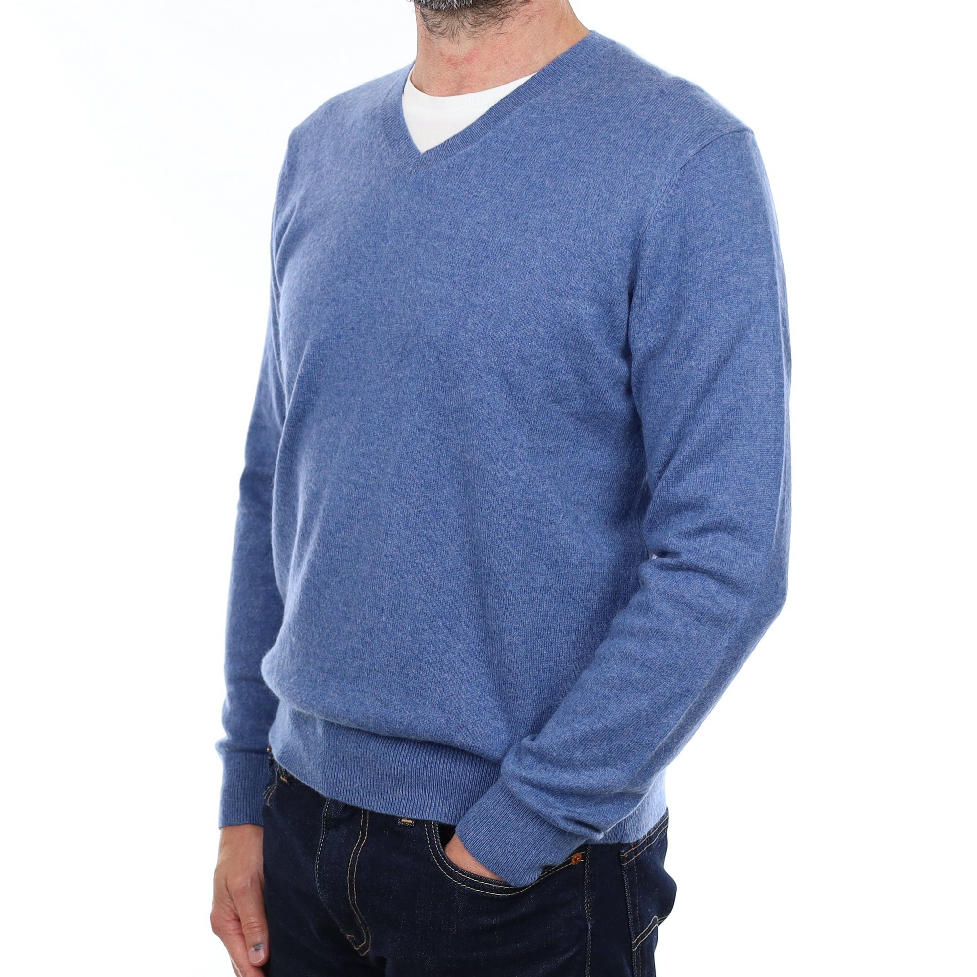 Men's Denim Blue Cashmere V Neck Jumper Small