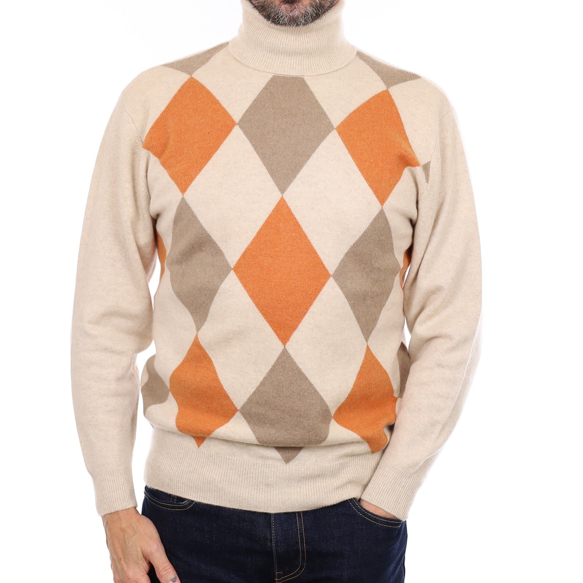 Men's Oatmeal & Orange Diamond Cashmere Polo Neck Jumper Small