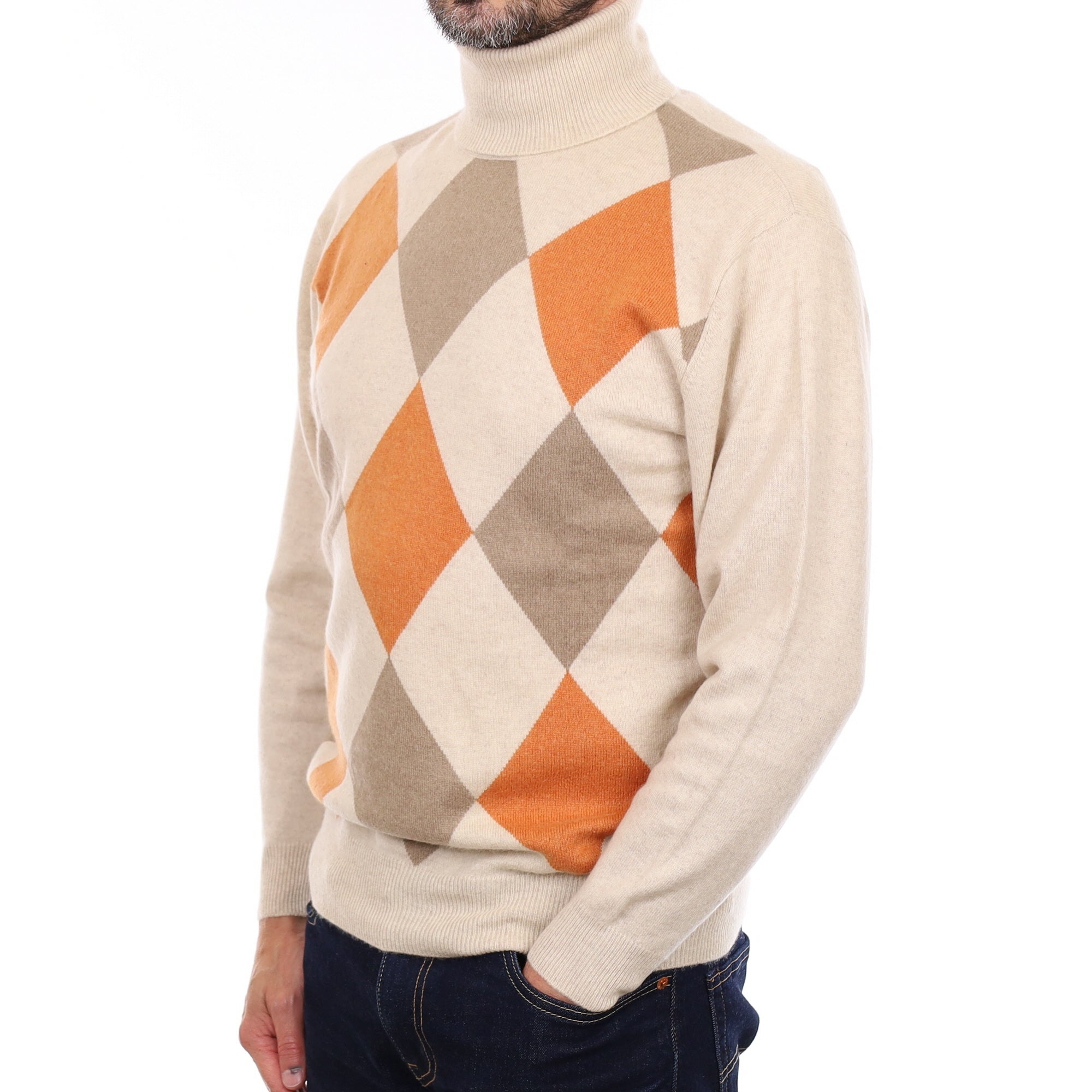 Men's Oatmeal & Orange Diamond Cashmere Polo Neck Jumper Small