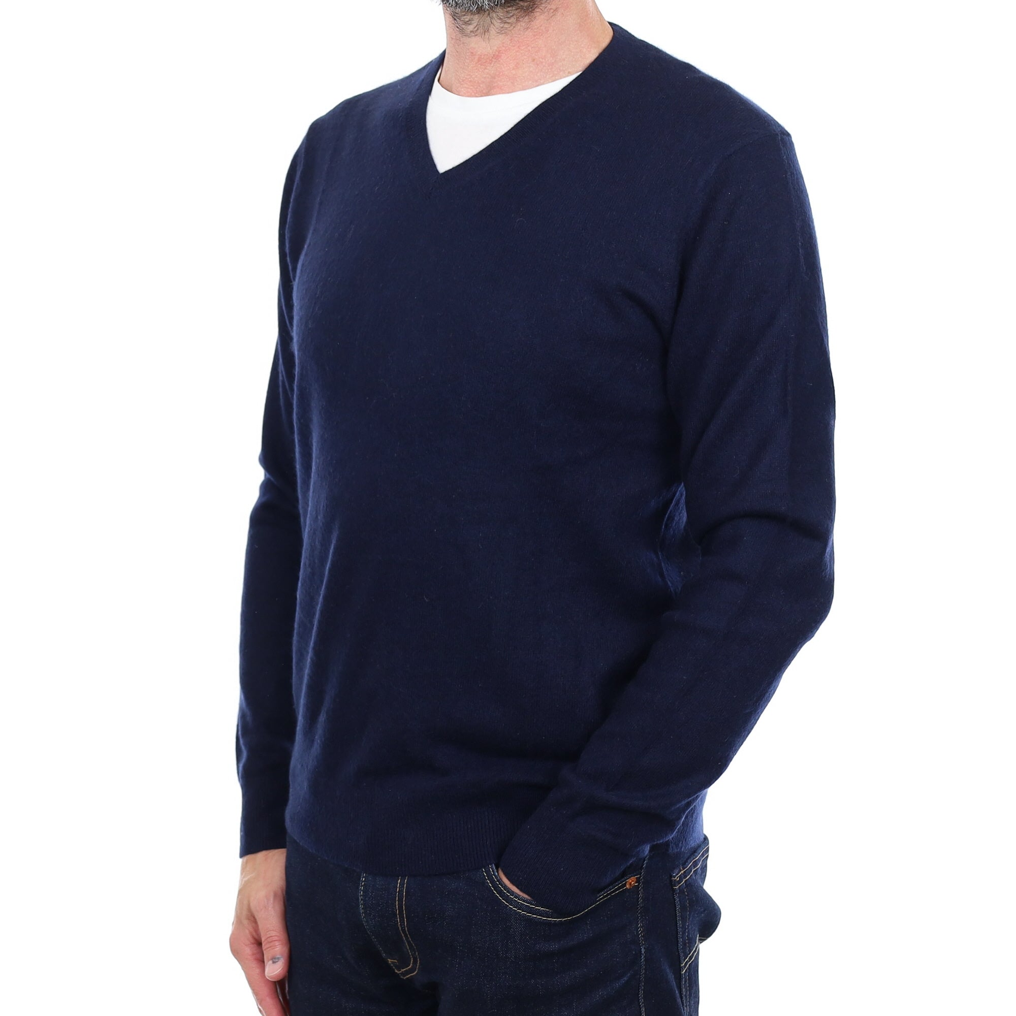 Men's Navy Blue Cashmere V Neck Jumper Small