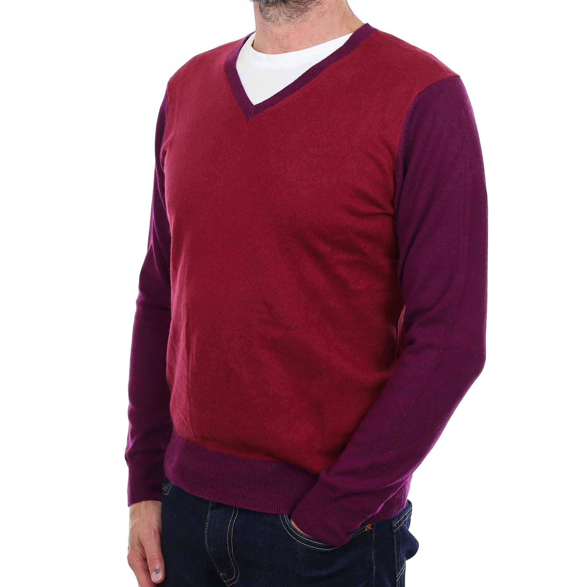 Men's Burgundy and Plum Cashmere V Neck Jumper Small