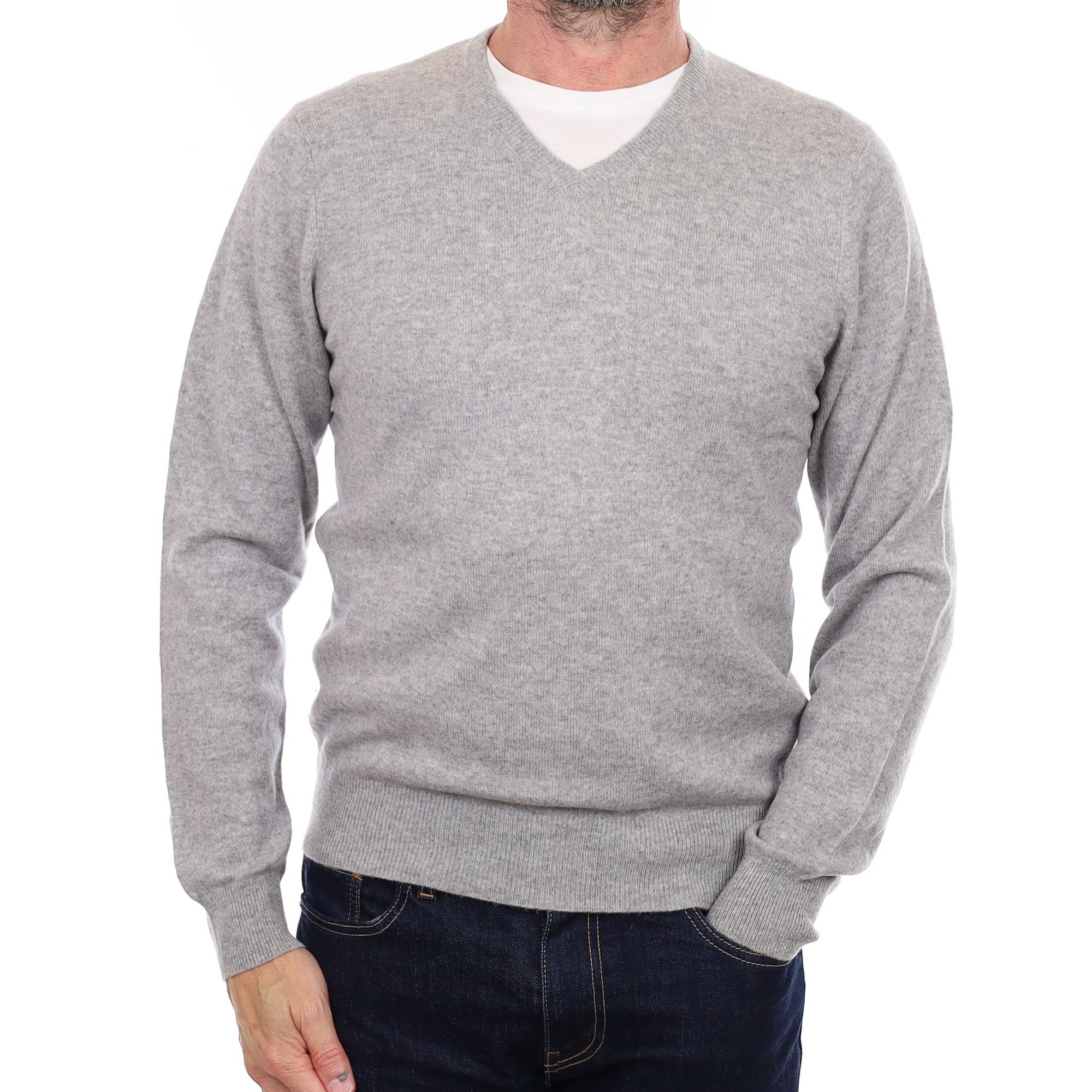 Men's Smoke Grey Cashmere V Neck Jumper Small