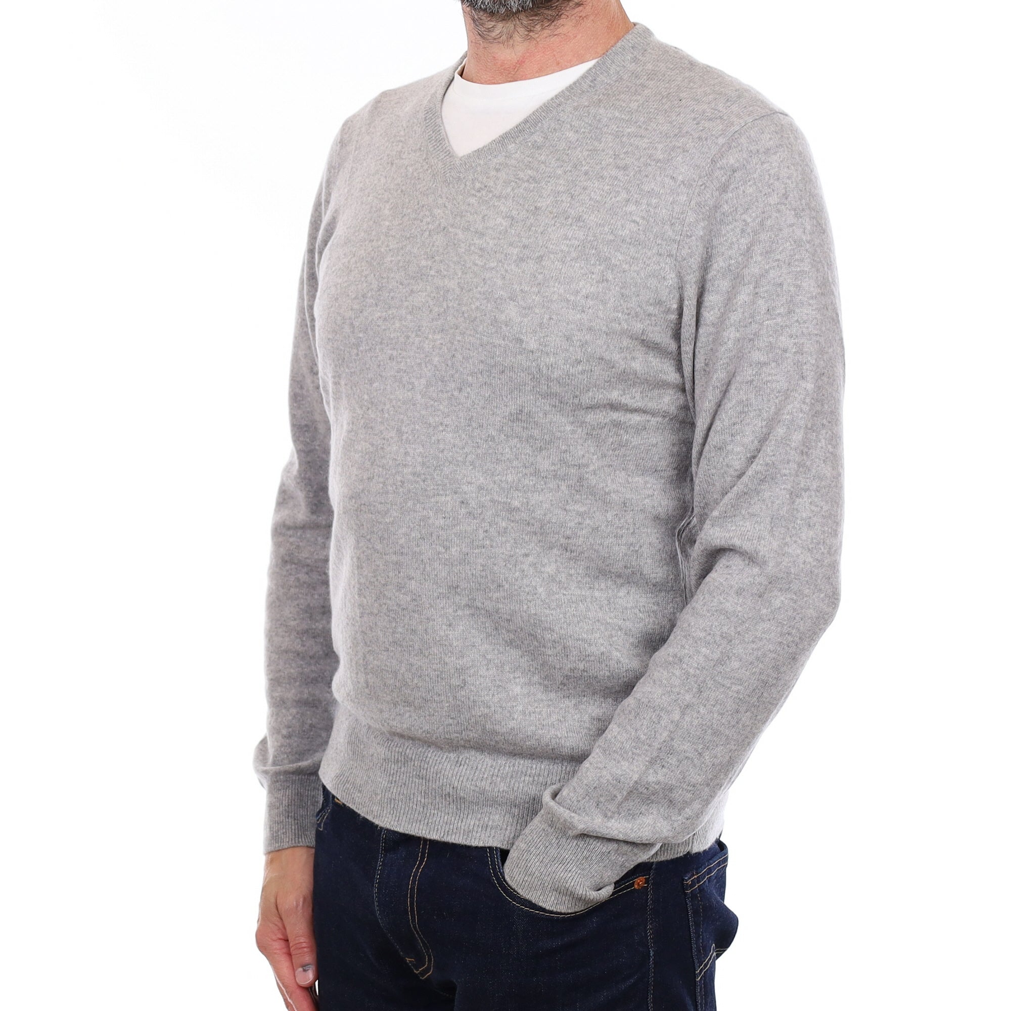 Men's Smoke Grey Cashmere V Neck Jumper Small