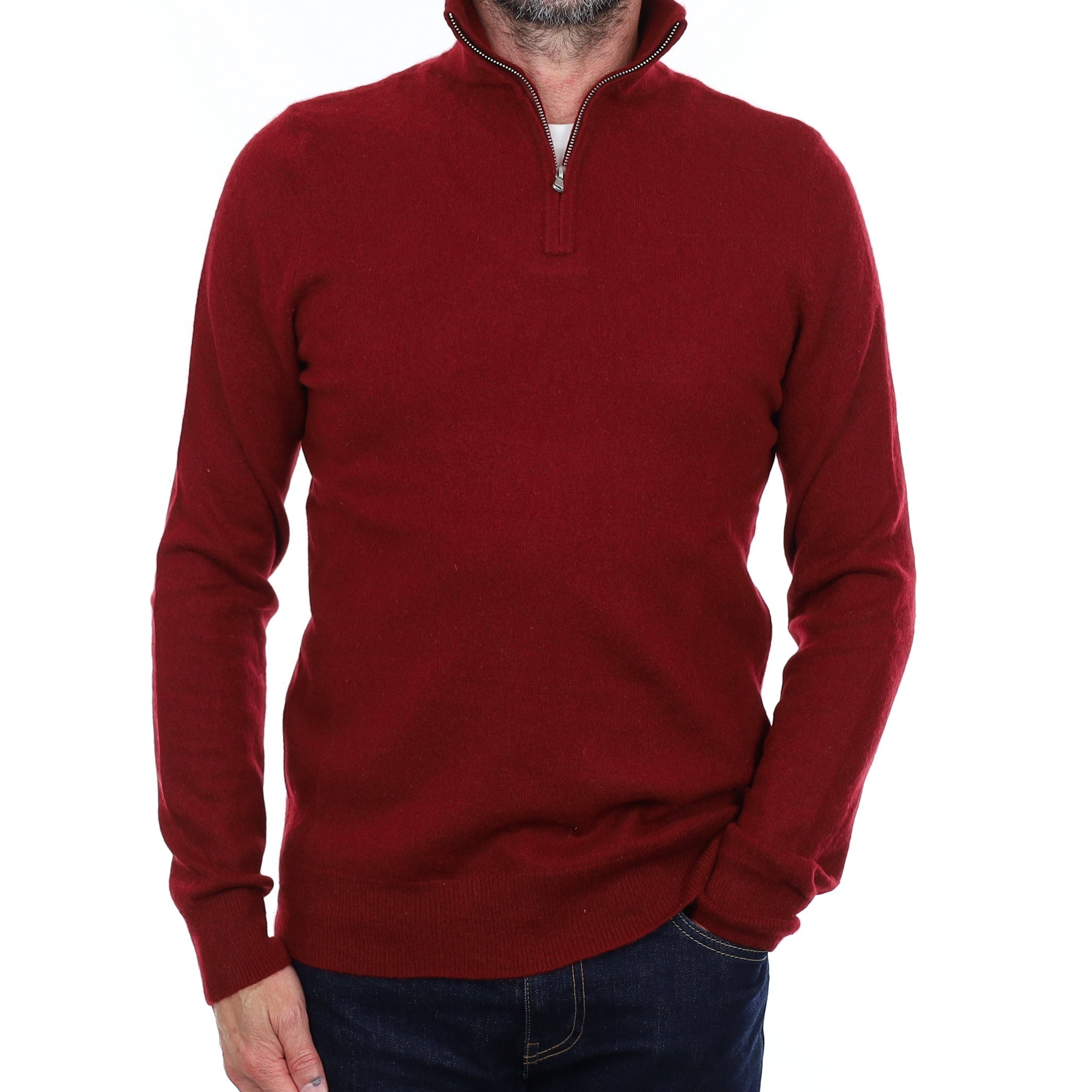 Men's Burgundy Red Cashmere 1/4 Zip Jumper Small