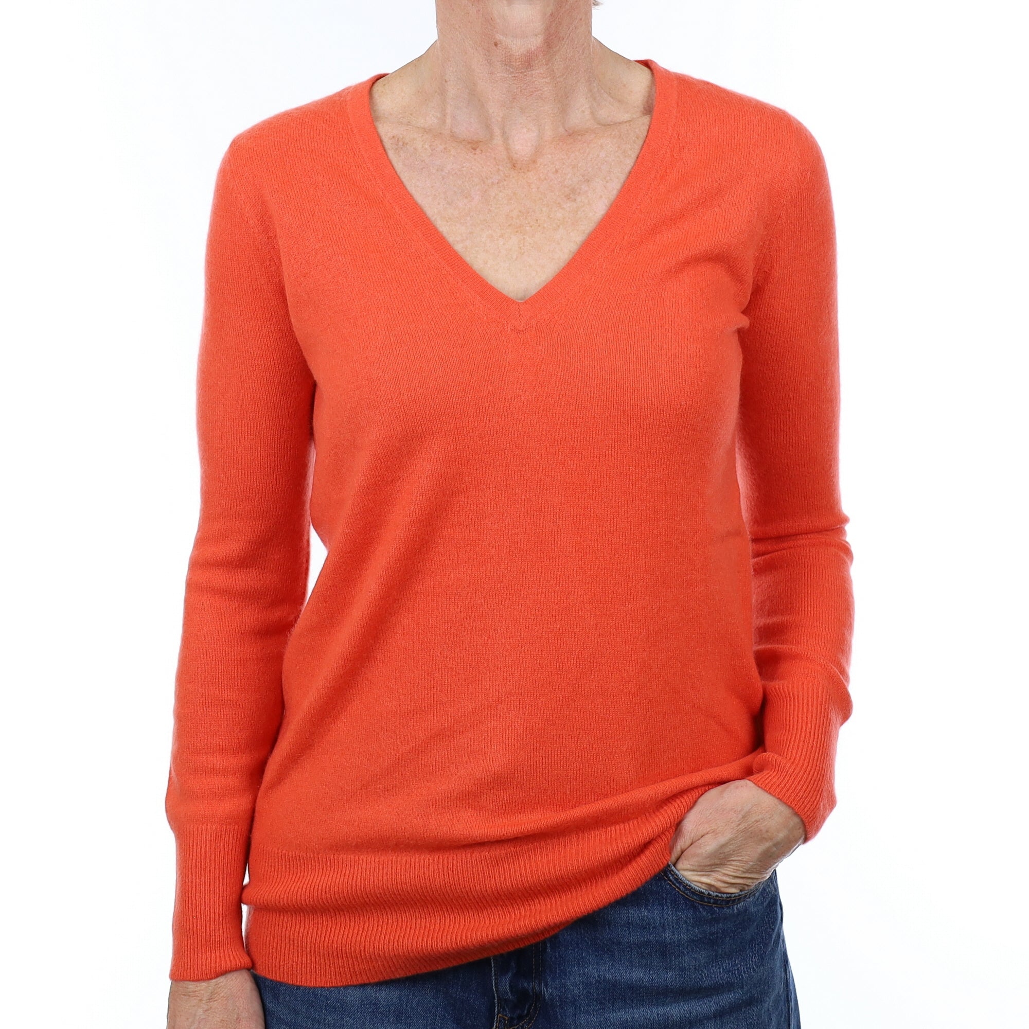 Sunset Orange Cashmere V Neck Jumper Small