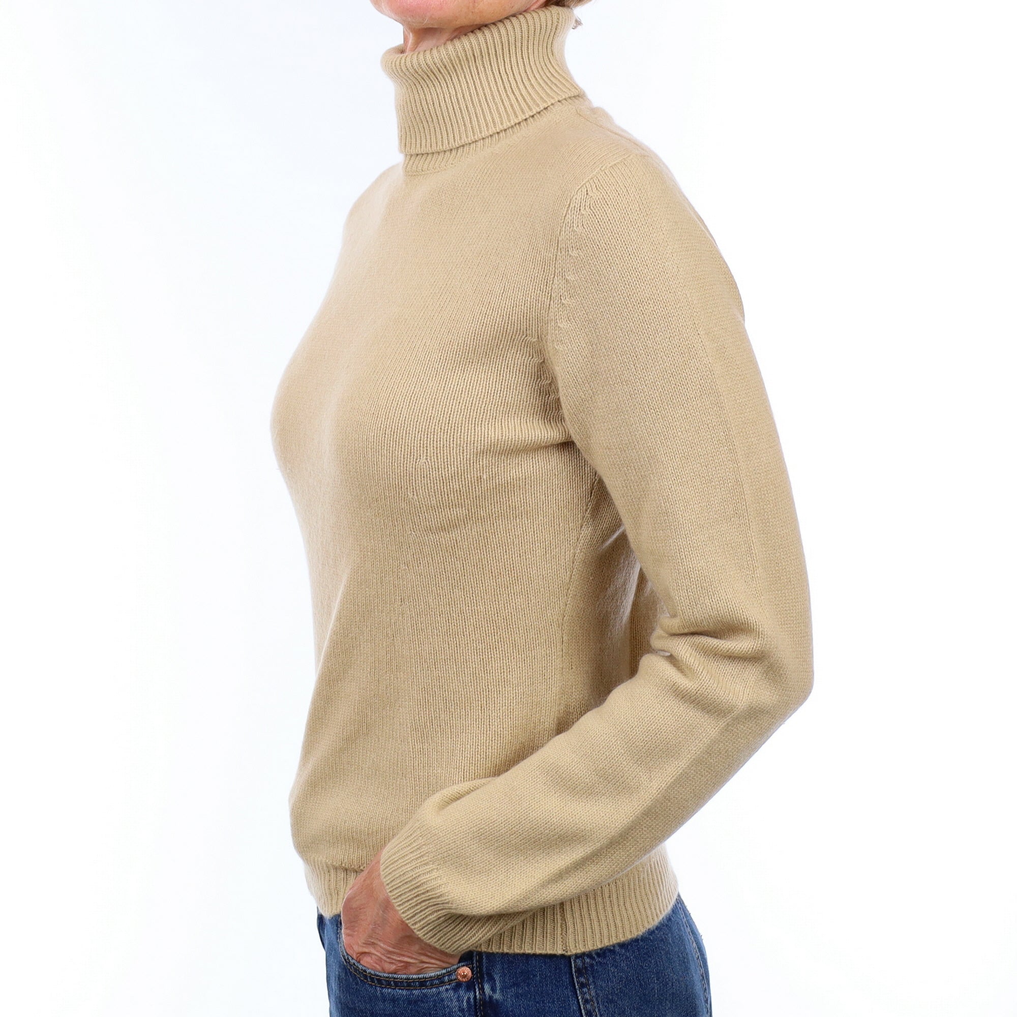 Beige Heavy Knit Cashmere Polo Neck Jumper Small