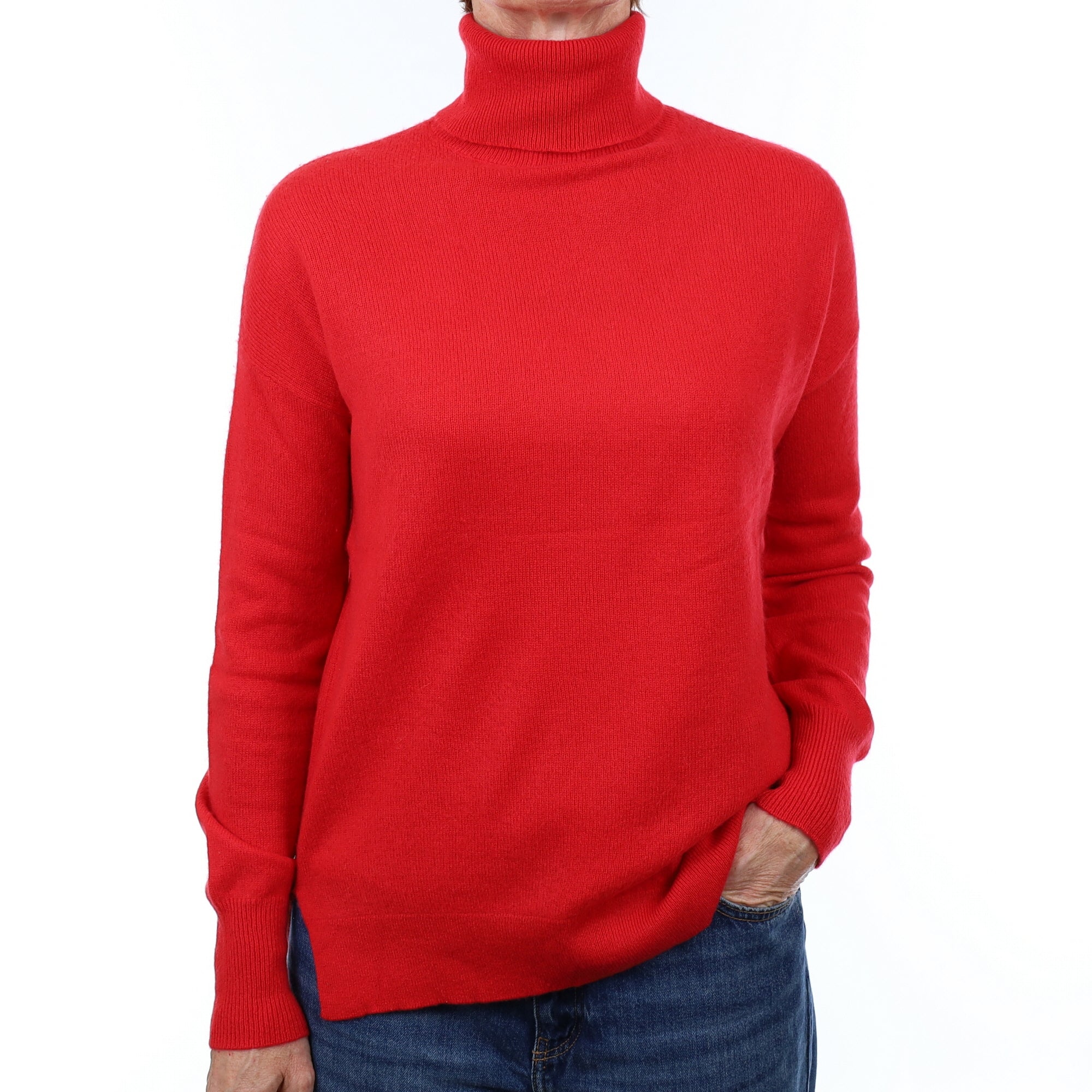 Vermillion Red Cashmere Polo Neck Jumper Small