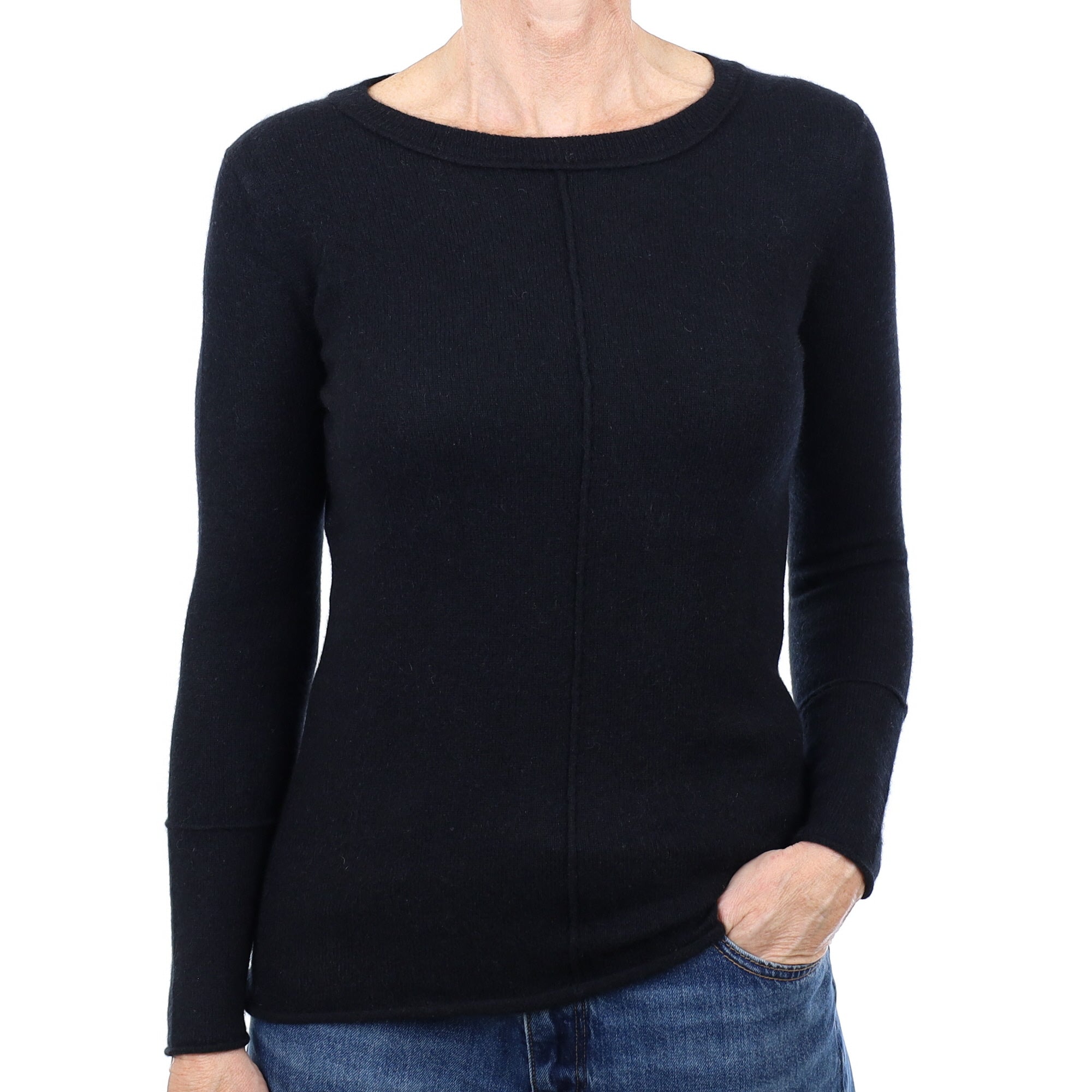 Black Cashmere Seam Detail Crew Neck Jumper Small