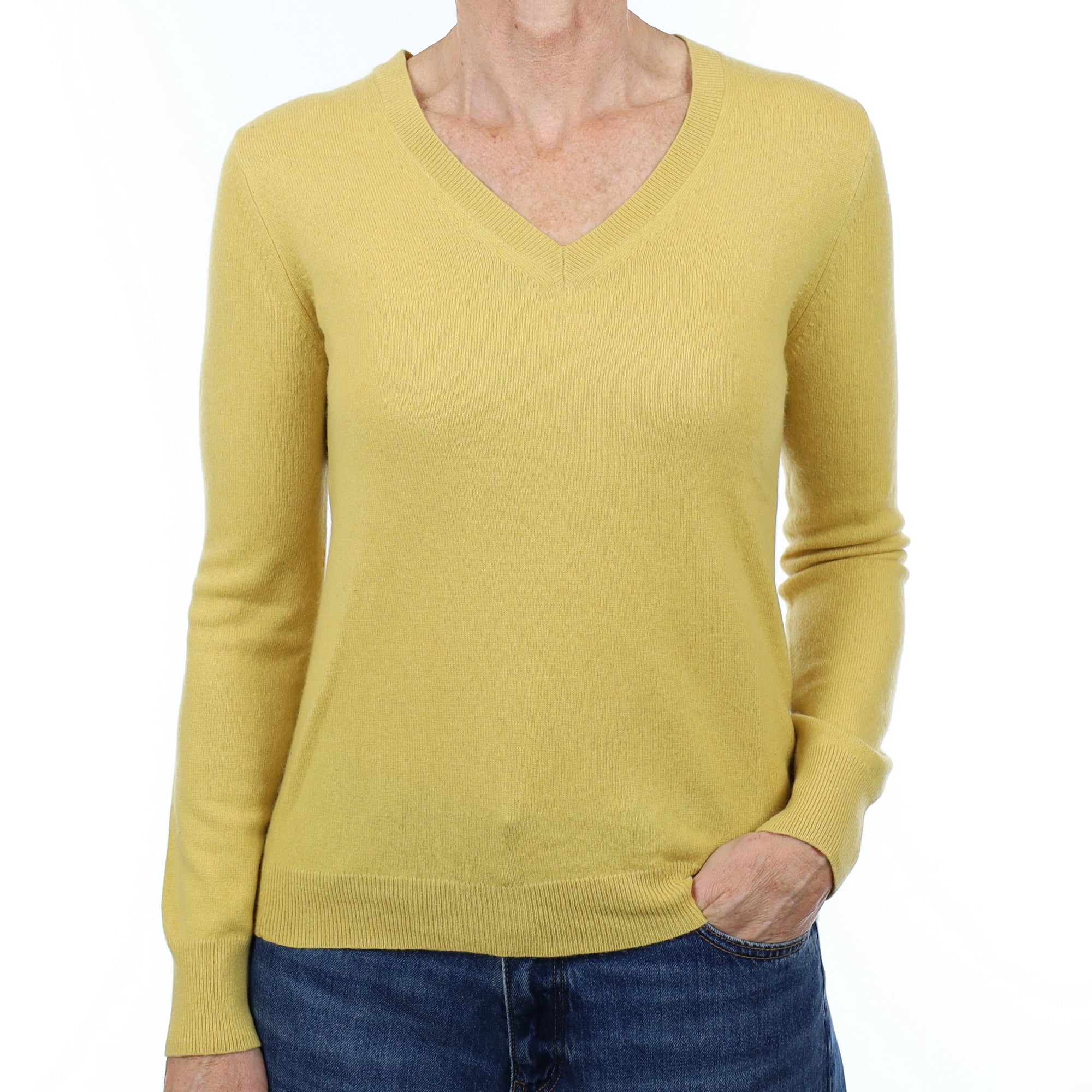 Flaxen Yellow Cashmere V Neck Jumper Small