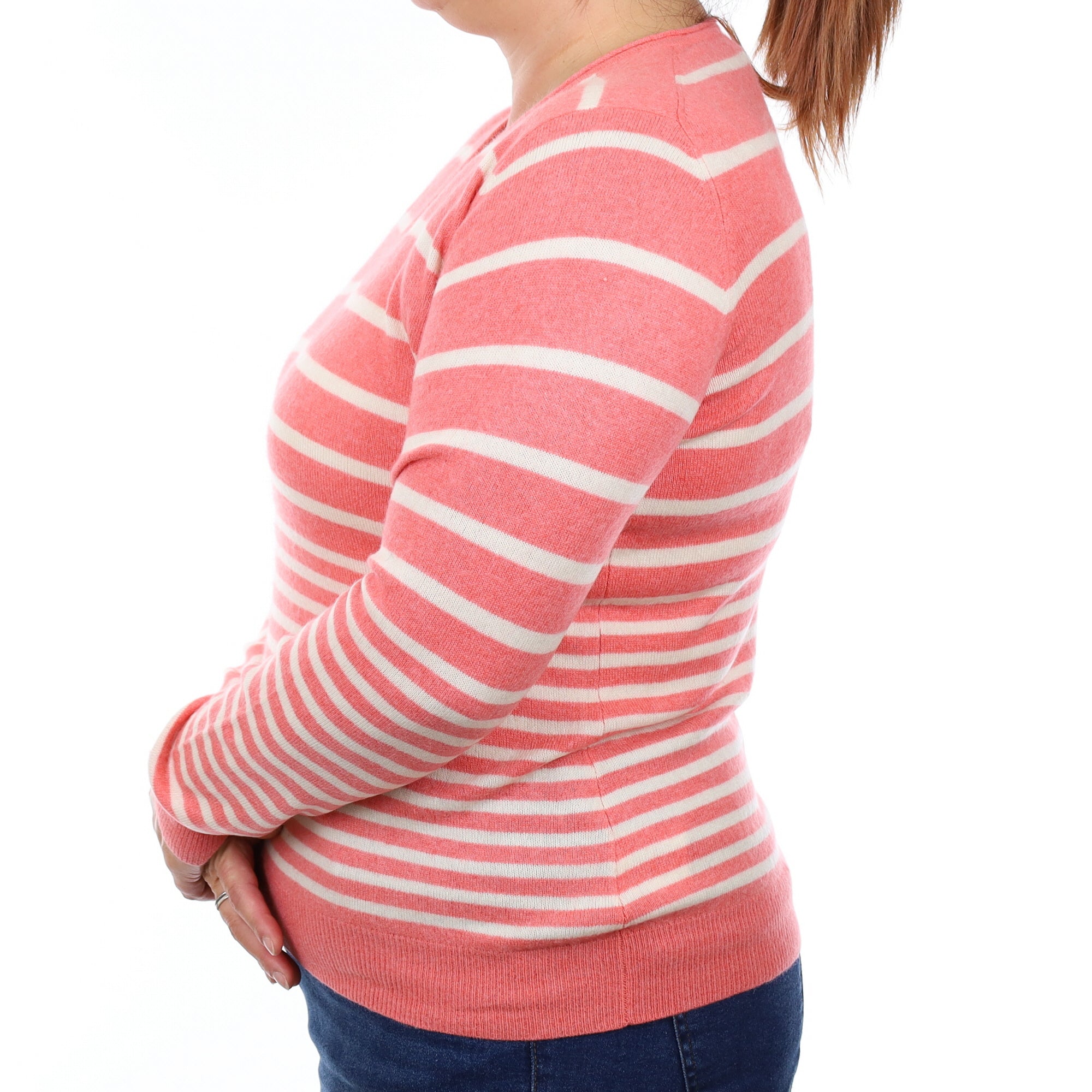 Scottish Coral and Ivory Striped Cashmere V Neck Jumper Large