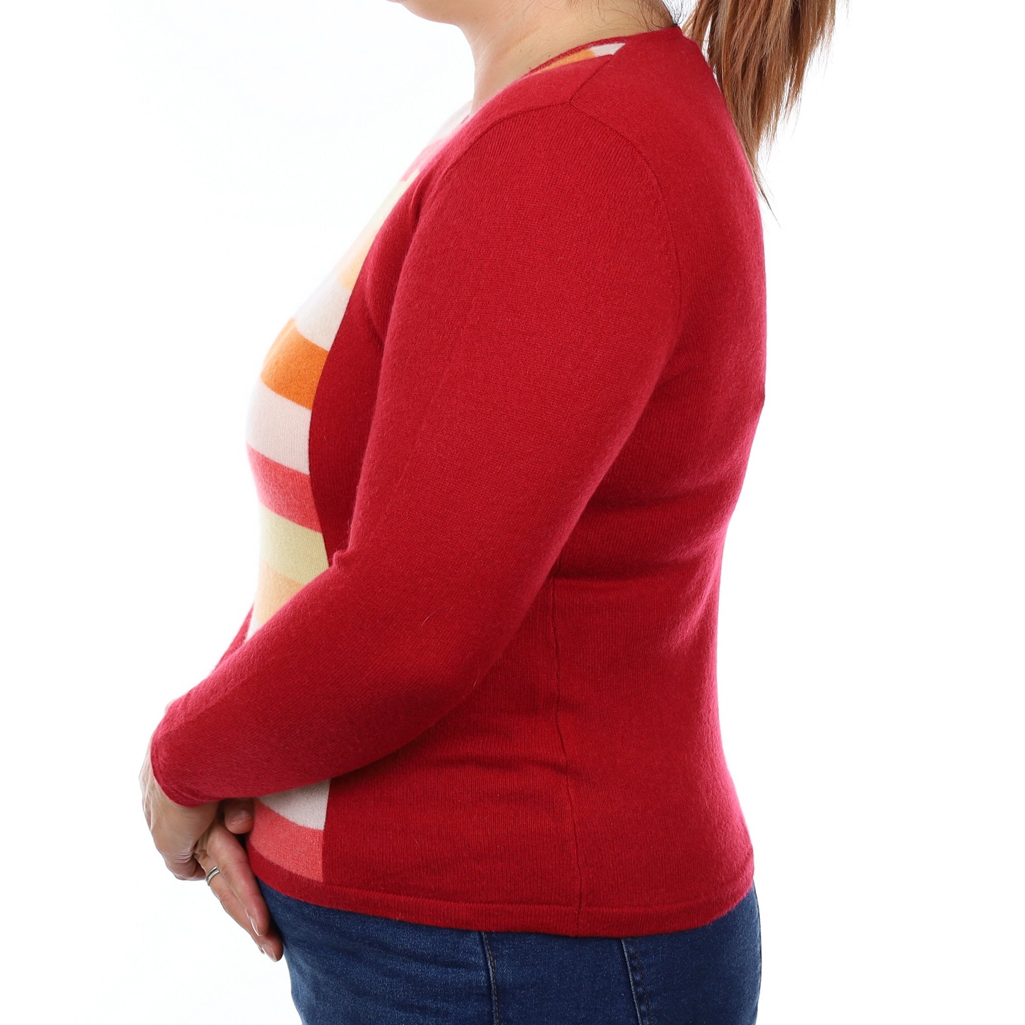 Red and Orange Striped Cashmere V Neck Jumper Large