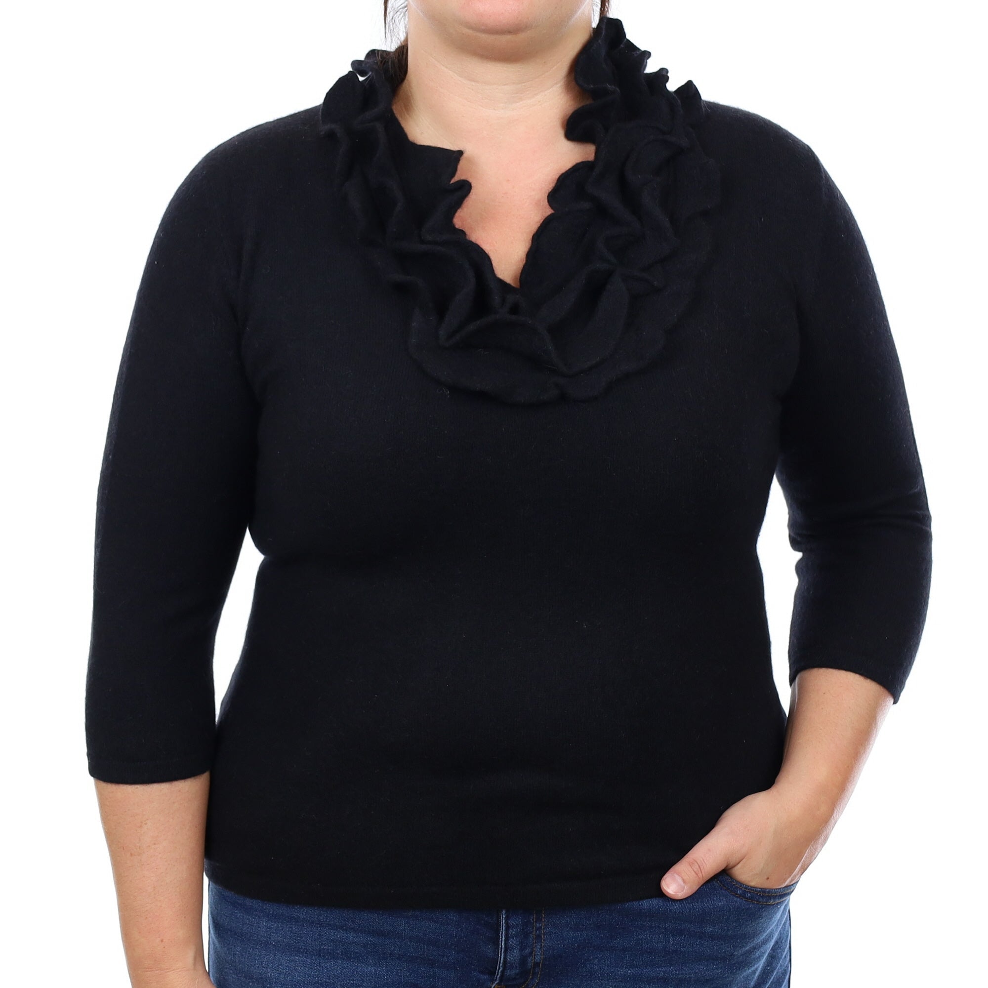 Black 3/4 Sleeve Cashmere Ruffle V Neck Jumper Large