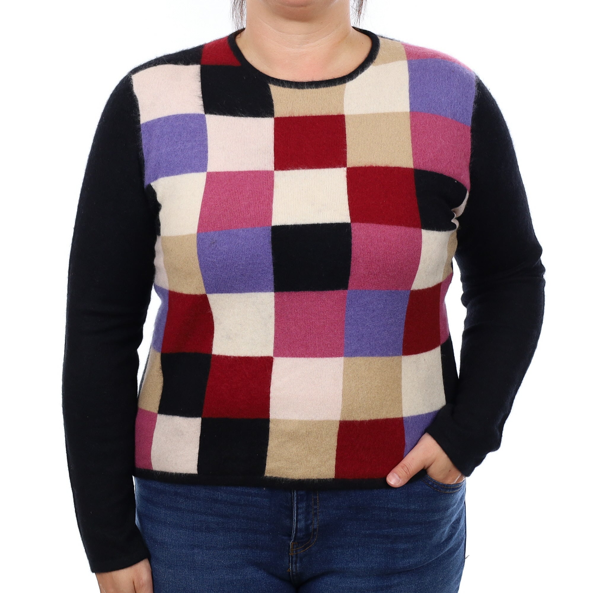 Black Colourful Chequered Cashmere Crew Neck Jumper Large