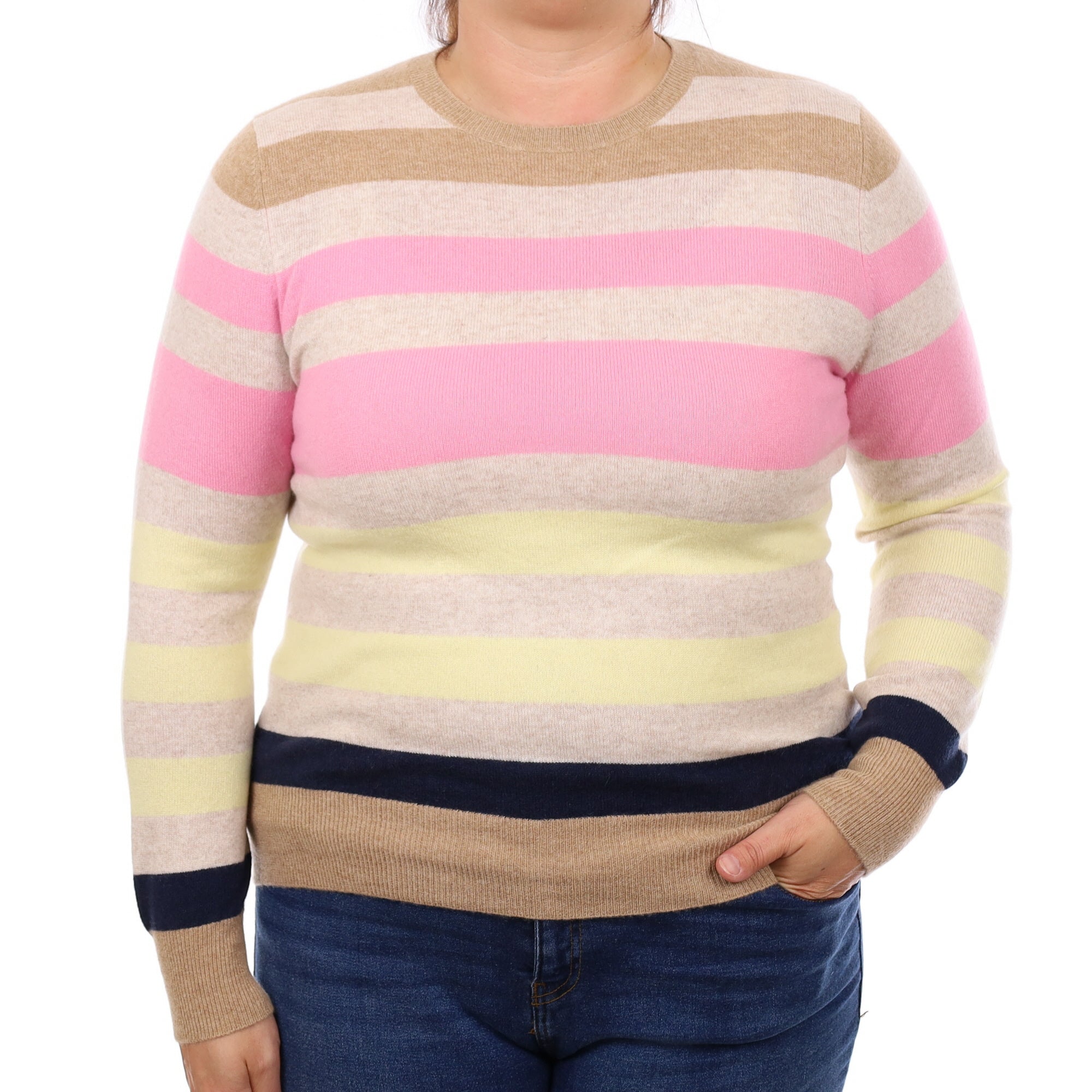 Oatmeal and Candy Striped Cashmere Crew Neck Jumper Large