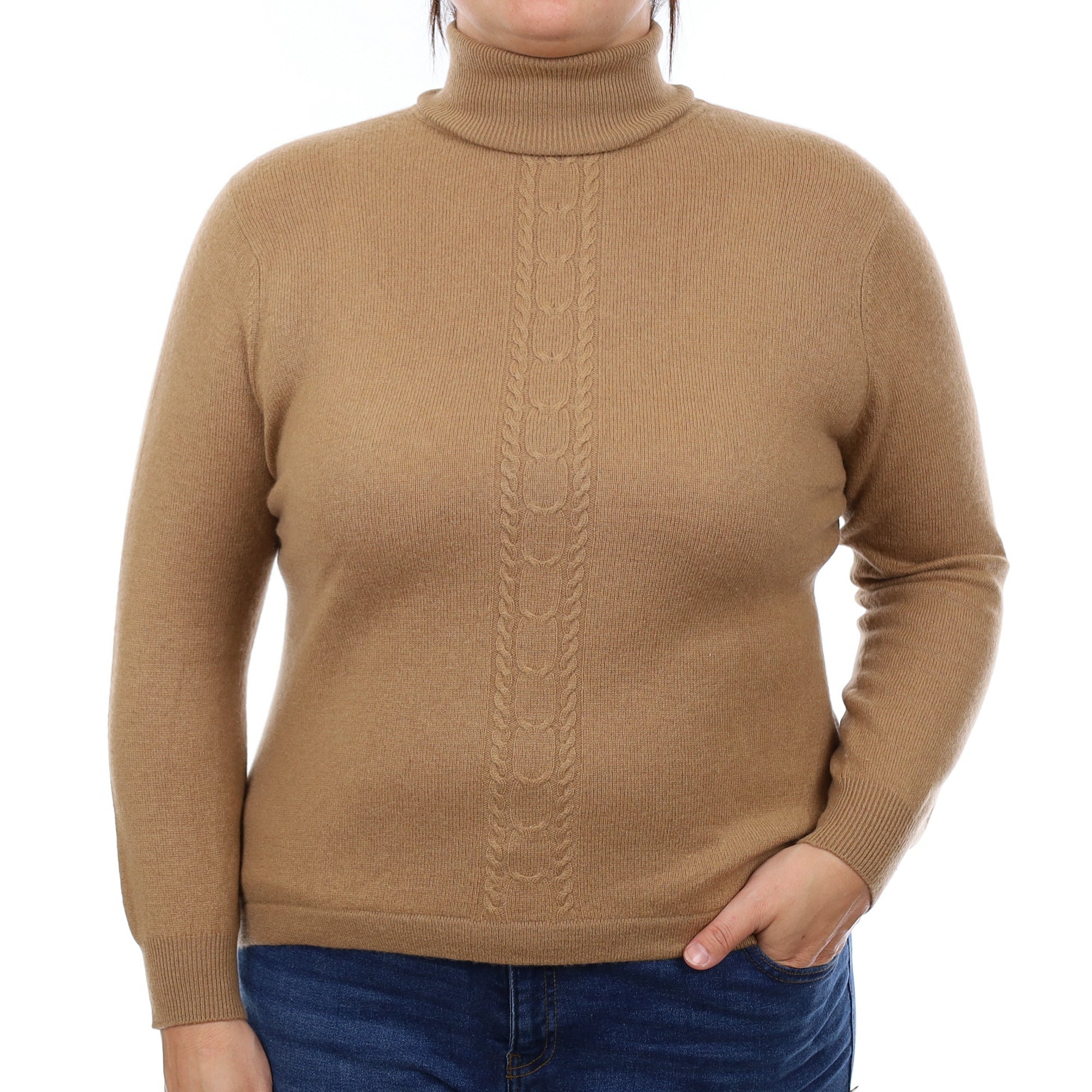 Toffee Brown Cable Detail Cashmere Polo Neck Jumper Large