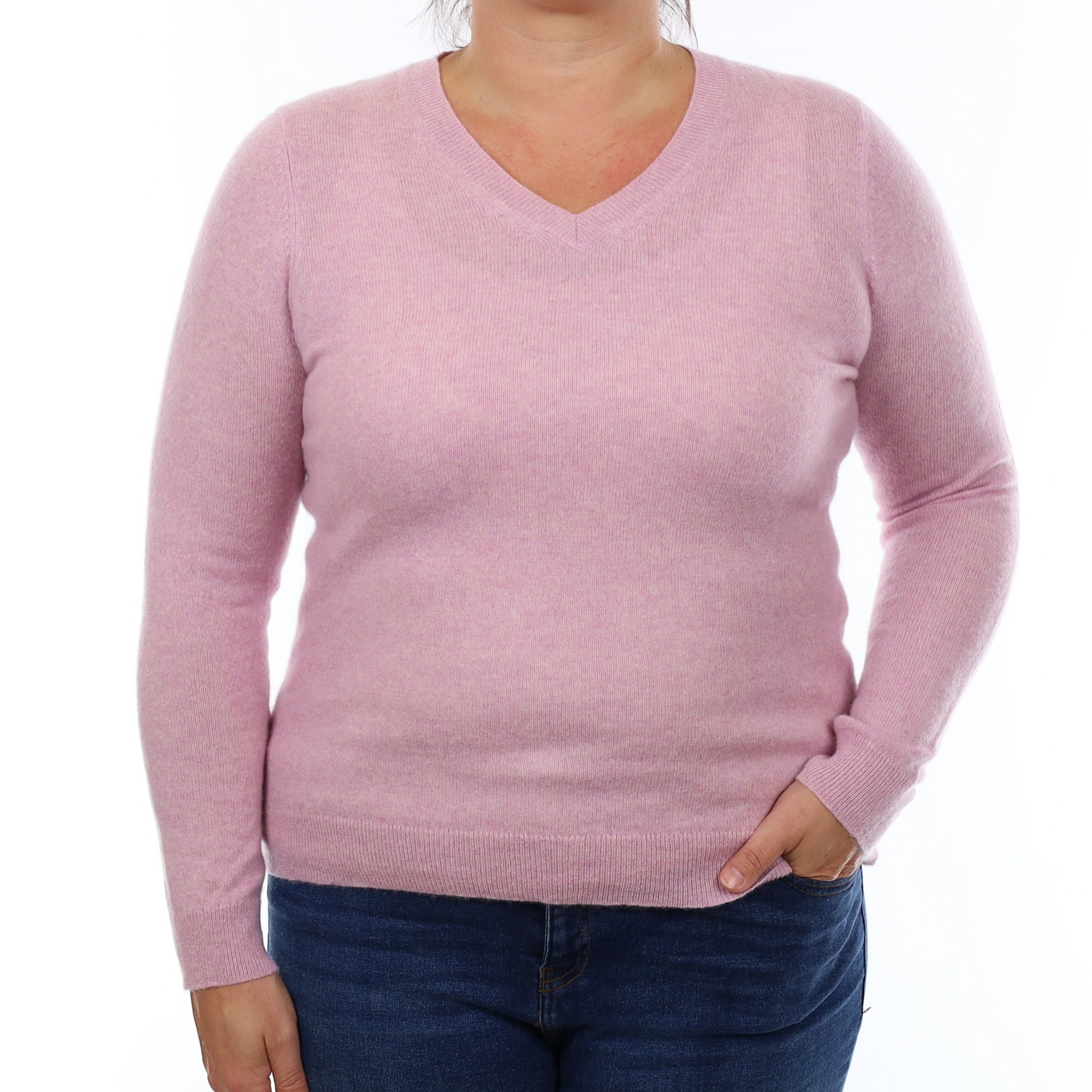 Mauve Pink Marl Cashmere V Neck Jumper Large