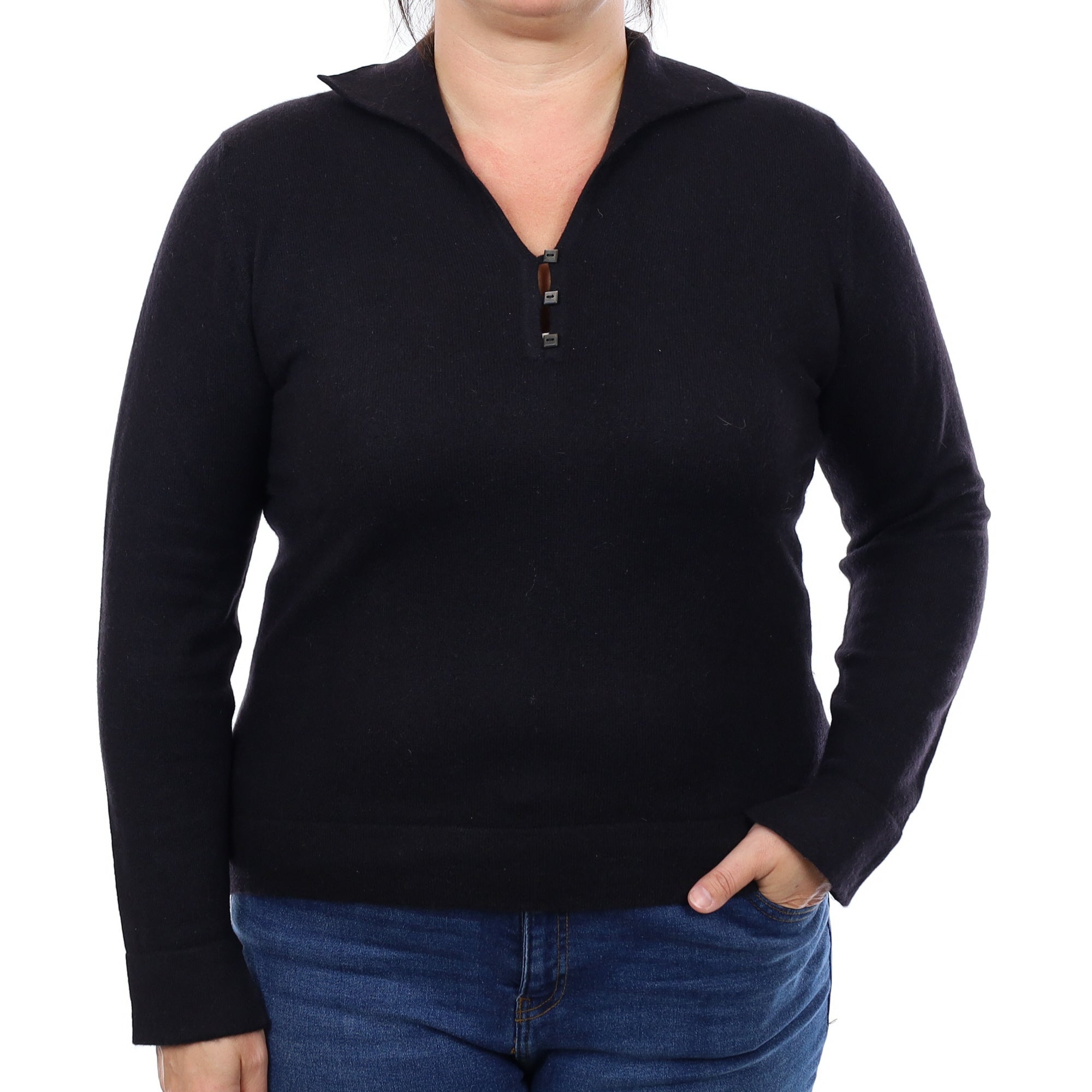 Scottish Black Cashmere Collared 1/4 Button Jumper Large