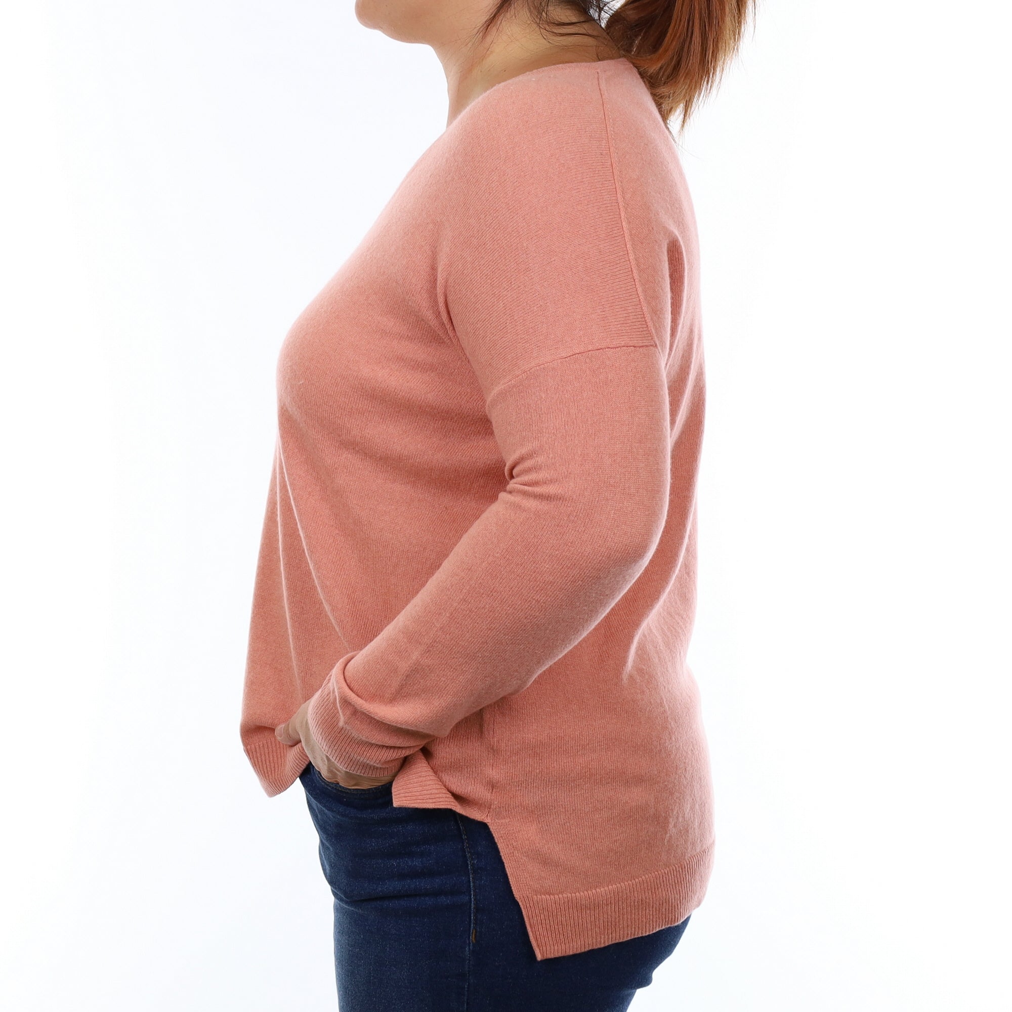 Salmon Pink Cashmere Boxy V Neck Jumper Large