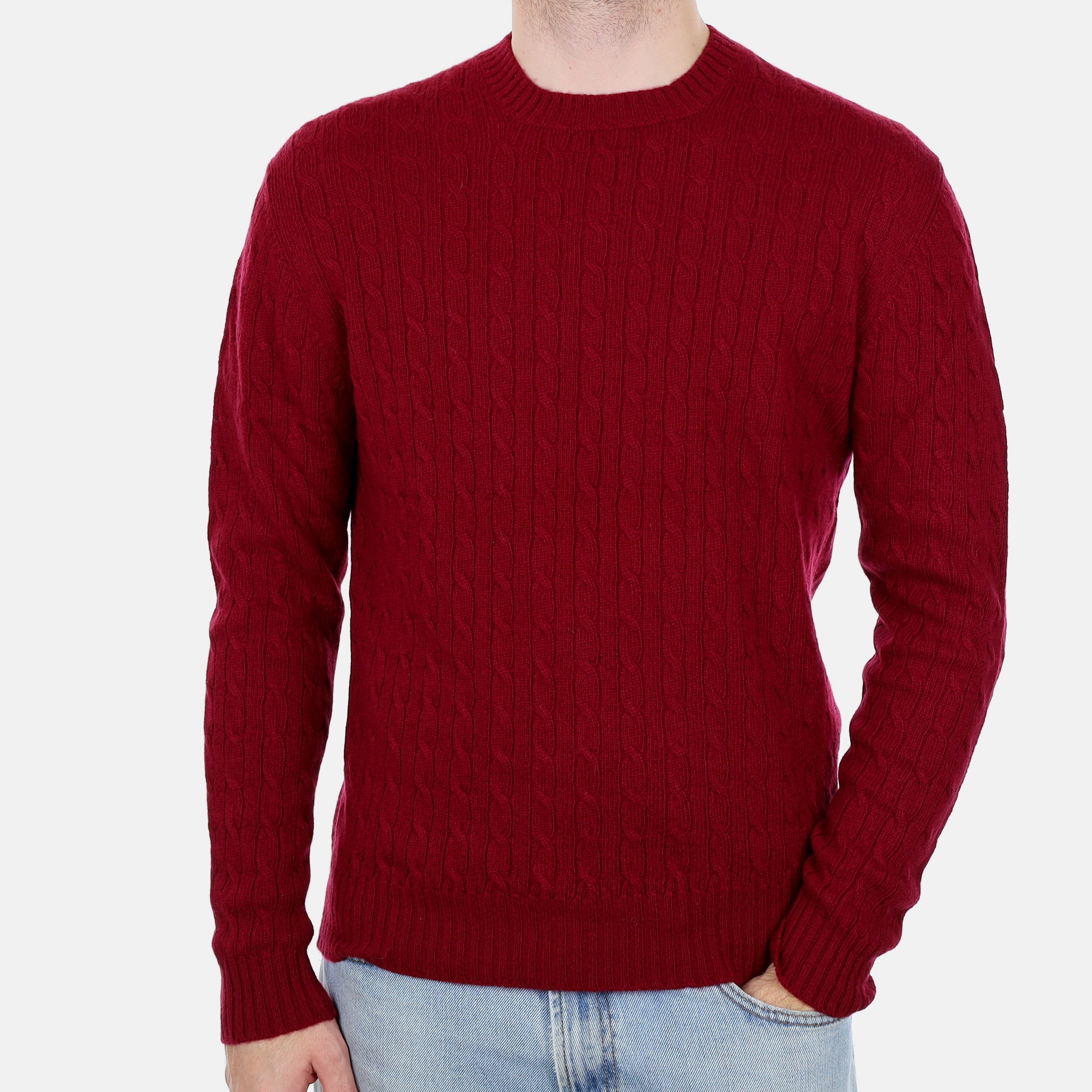 Men's Brand New Scottish Burgundy Cable Cashmere Crew Neck Jumper Large