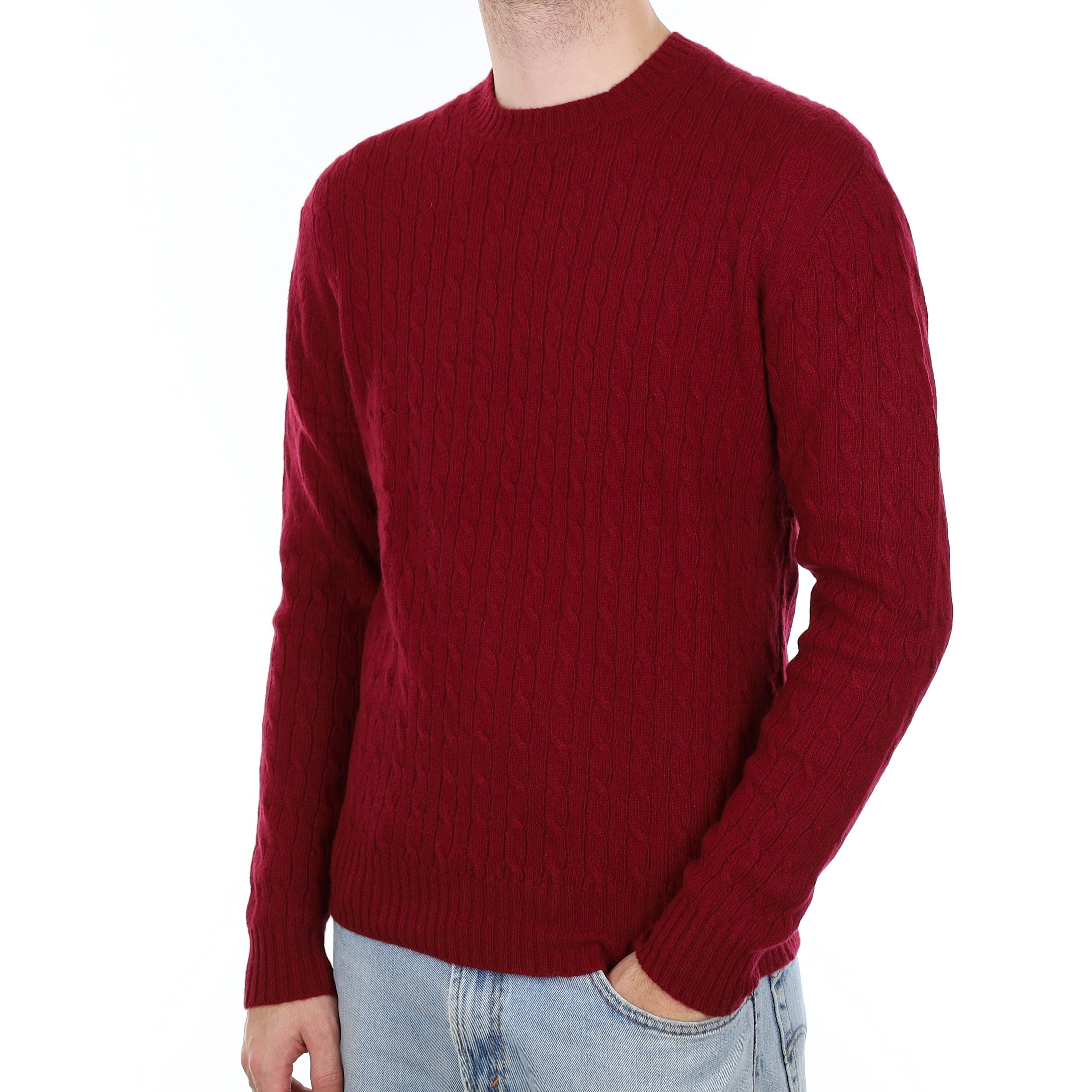 Men's Brand New Scottish Burgundy Cable Cashmere Crew Neck Jumper Large