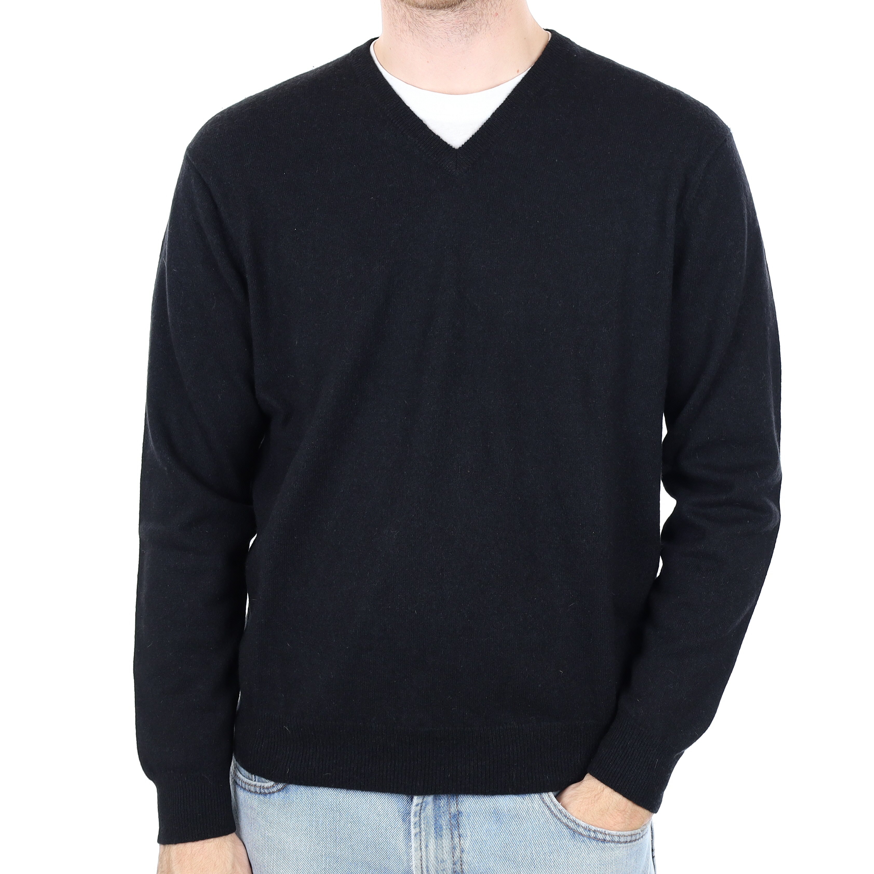 Men's Black Cashmere V Neck Jumper Large