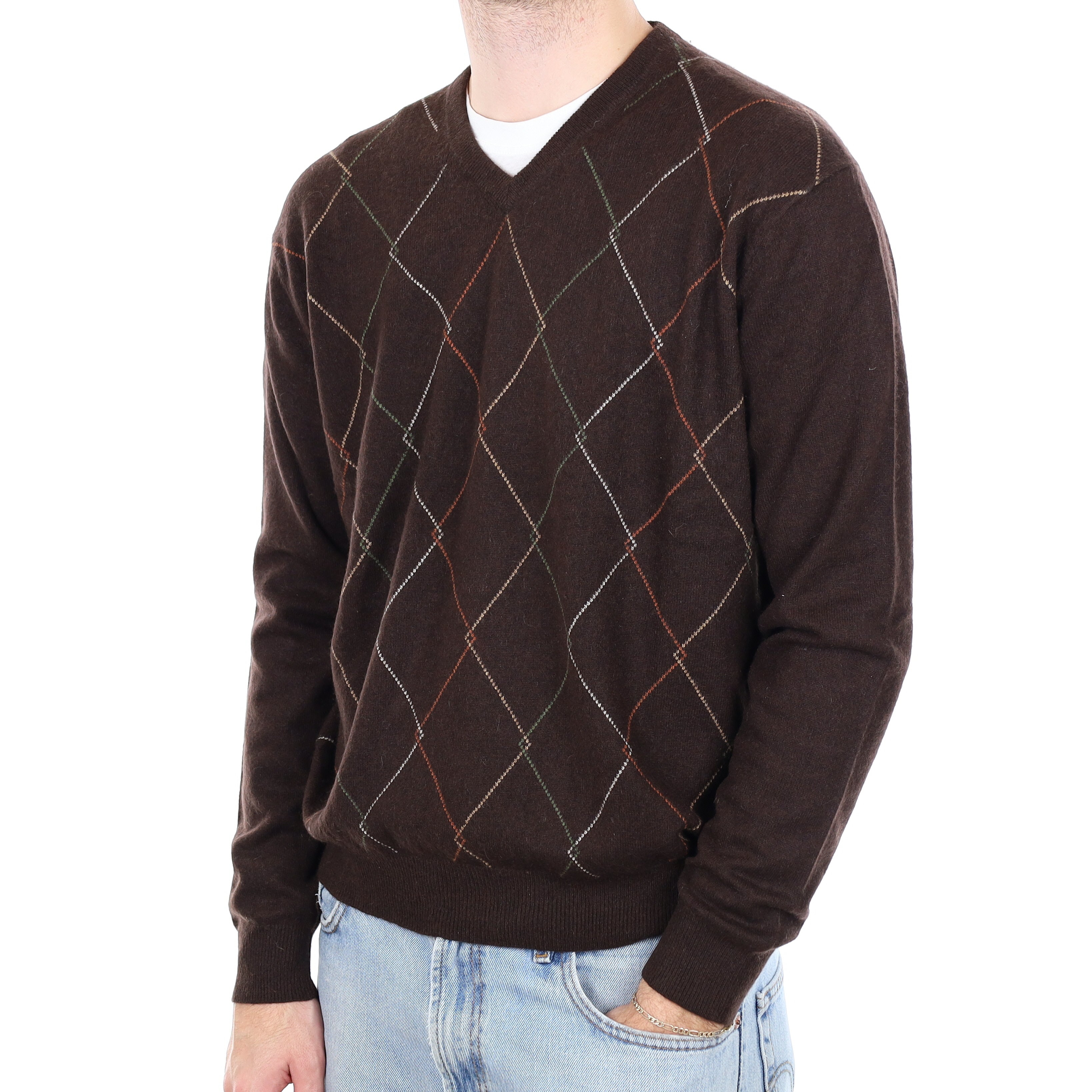 Men's Brown Diamond Patterned Cashmere V Neck Jumper Large