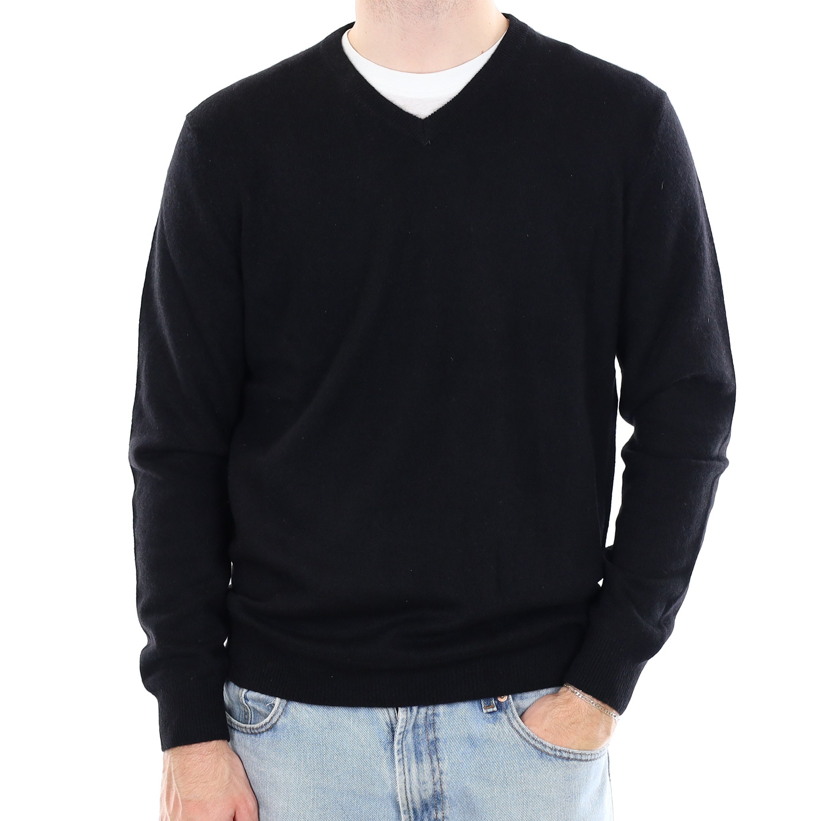Men's Black Cashmere V Neck Jumper Large