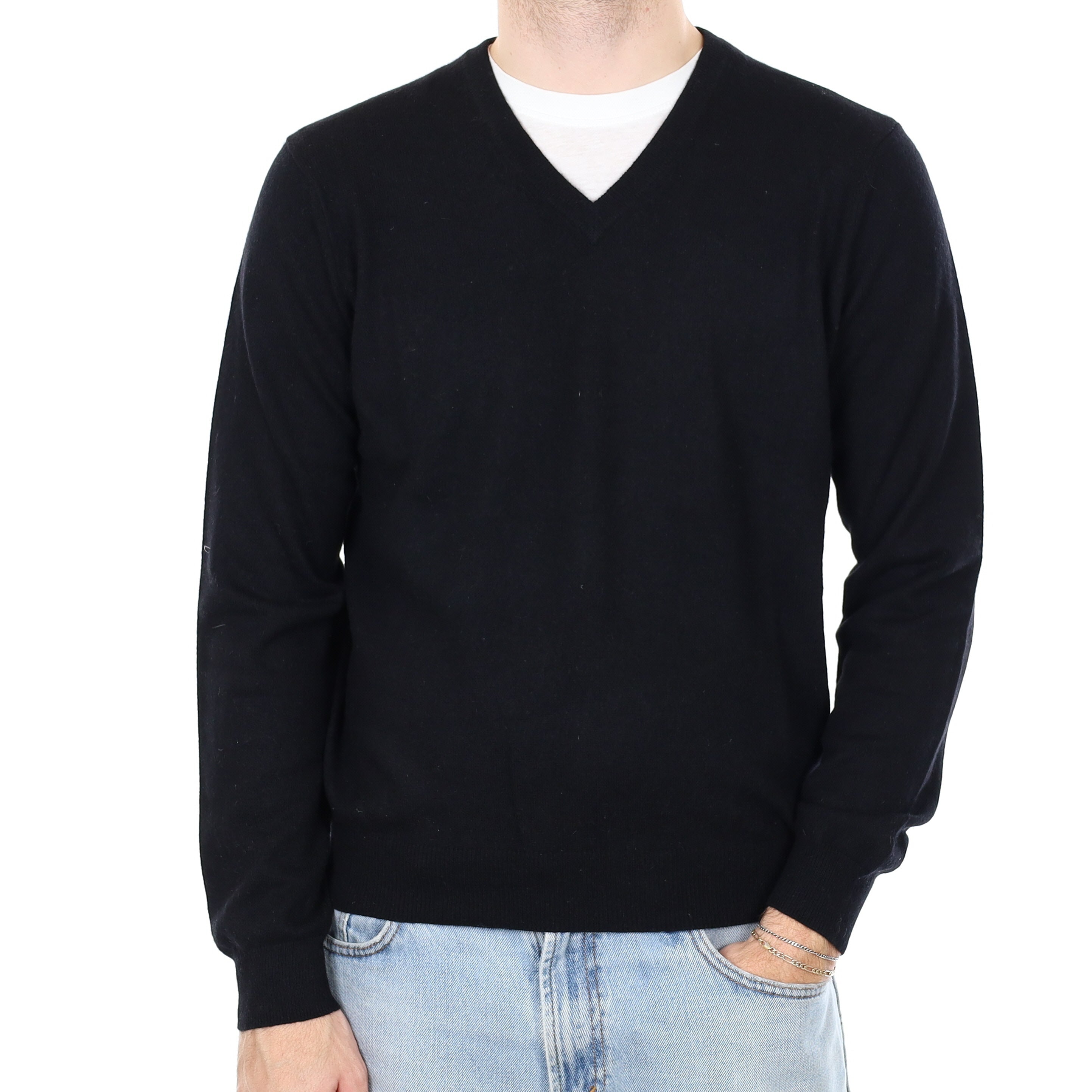 Men's Black Cashmere V Neck Jumper Large