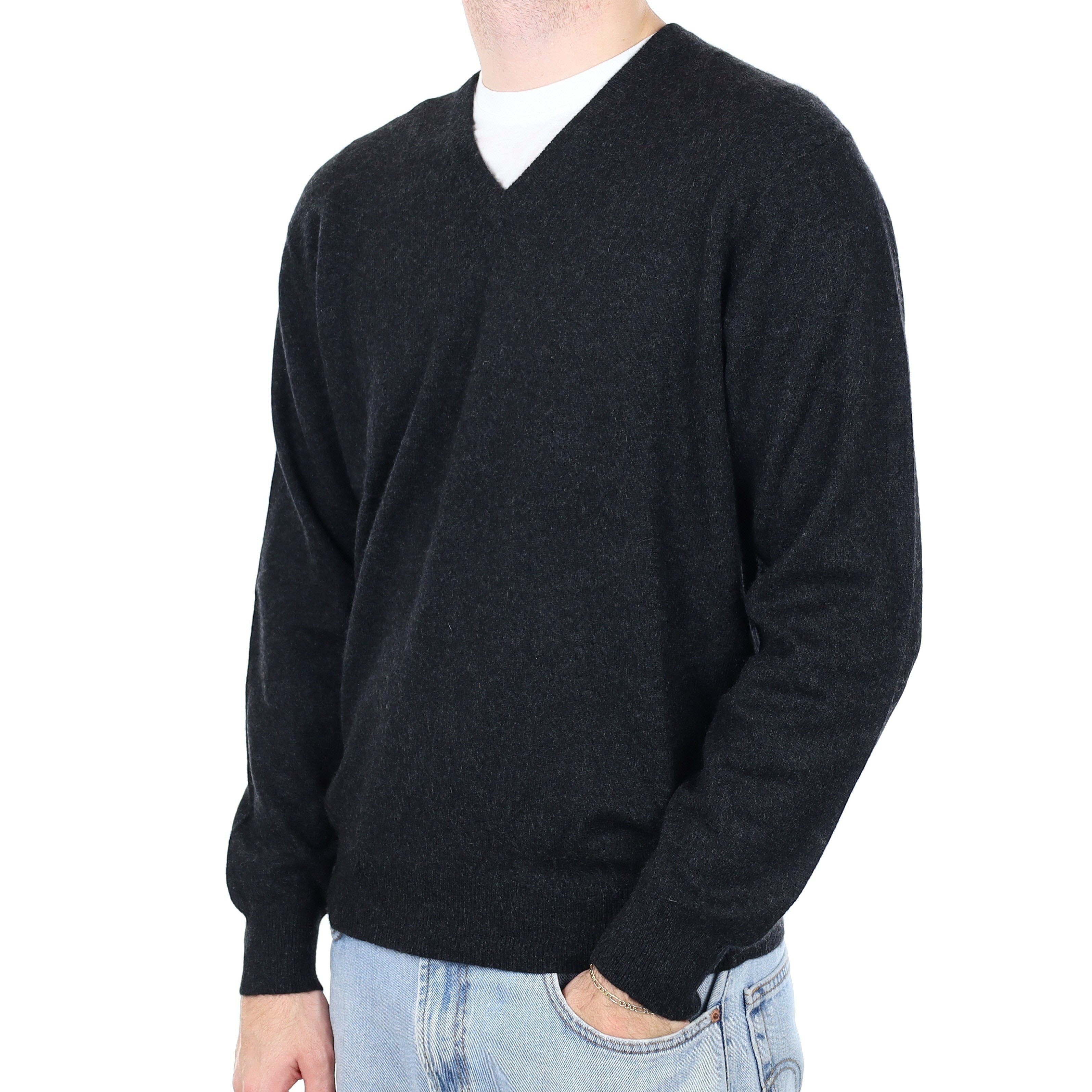 Men's Charcoal Grey Cashmere V Neck Jumper Large