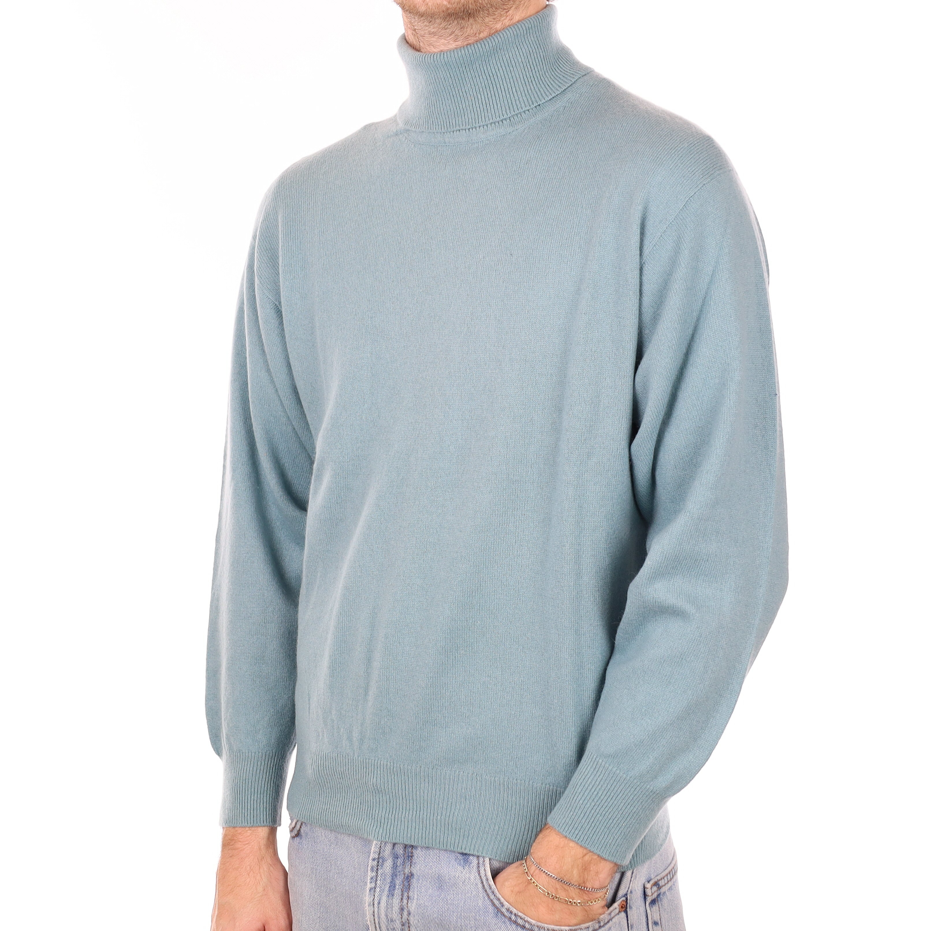 Men's Duck Egg Blue Cashmere Polo Neck Jumper Large