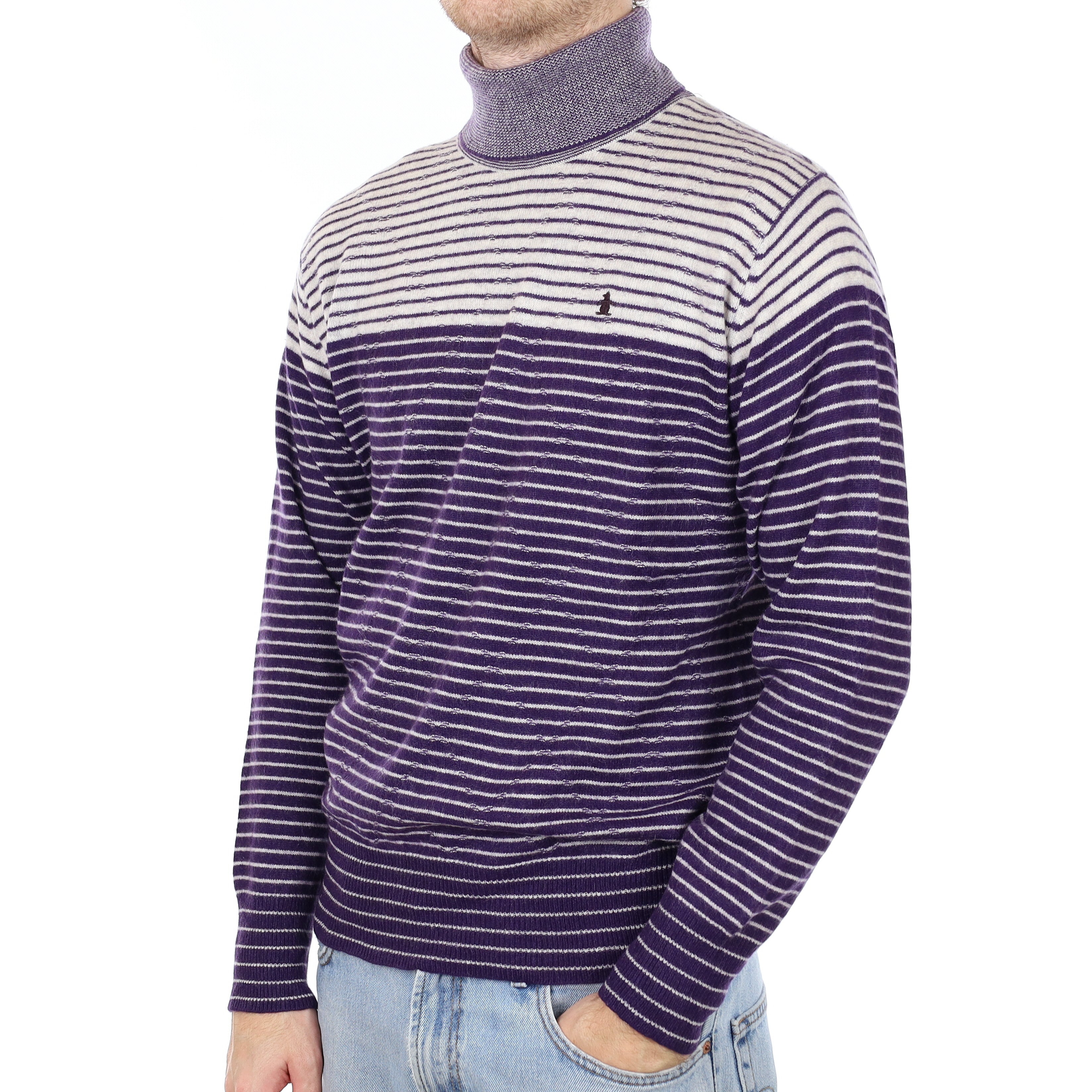 Men's purple and Grey Striped Cashmere Polo Neck Jumper Large