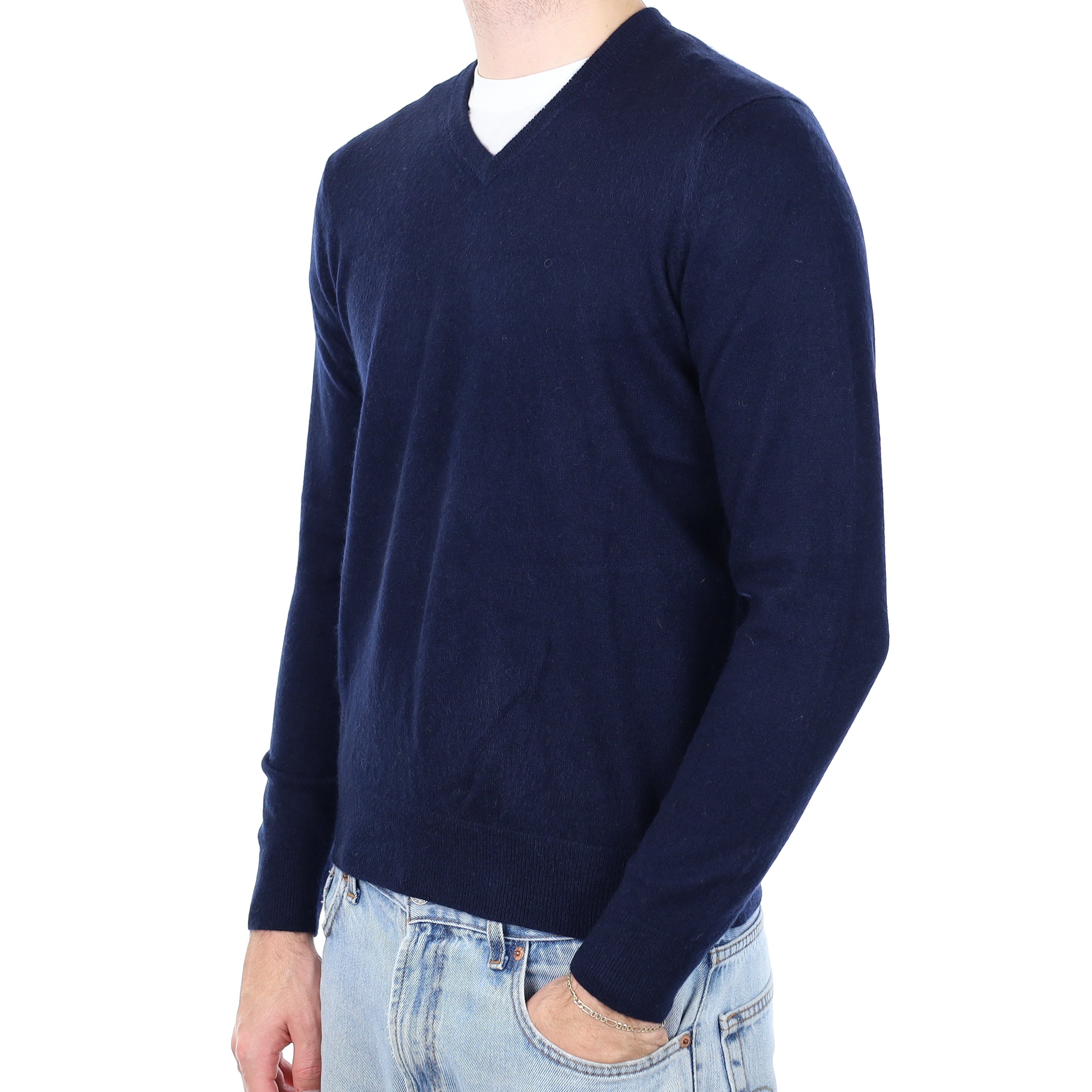 Men's Navy Blue Cashmere V Neck Jumper Medium