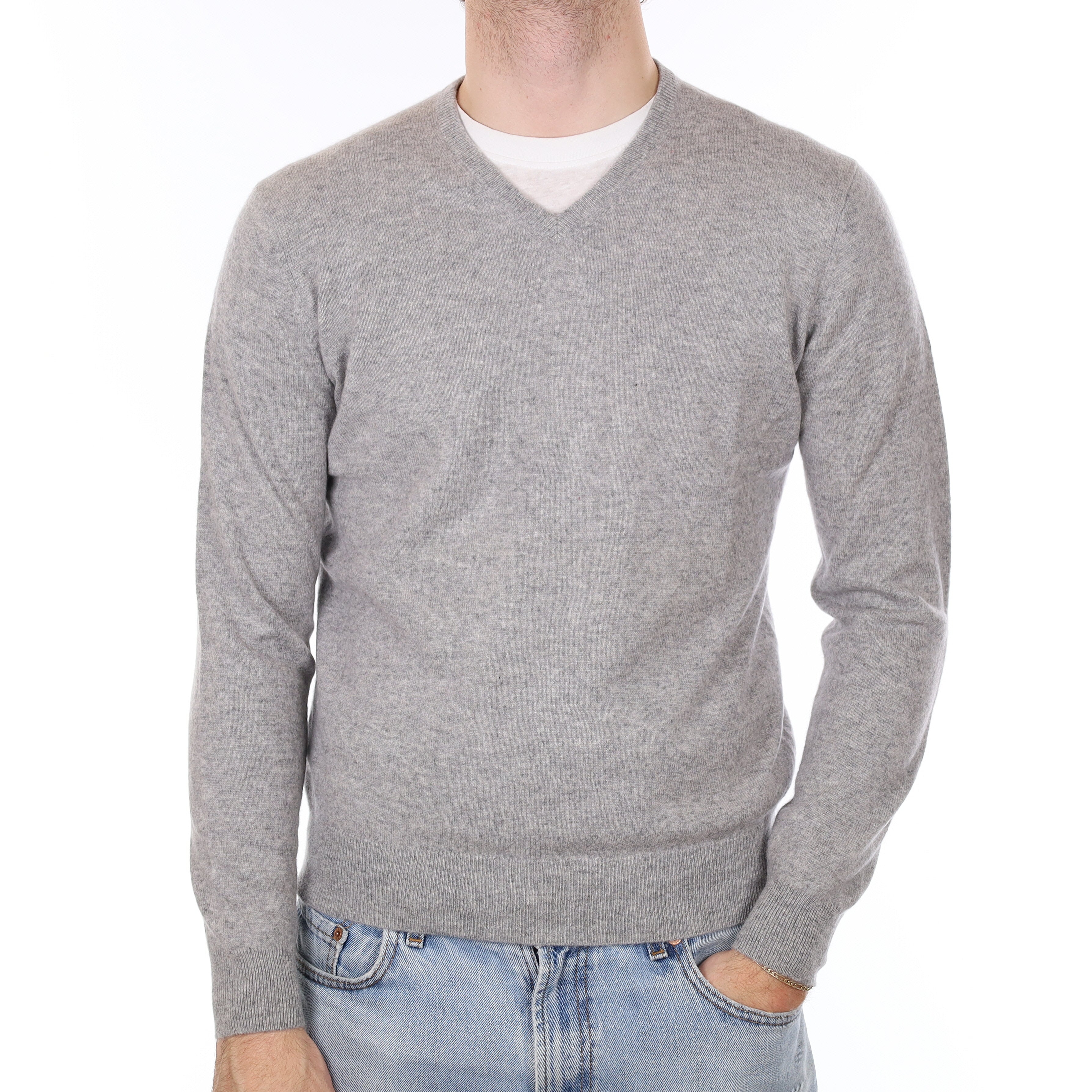 Men's Smoke Grey Cashmere V Neck Jumper Medium