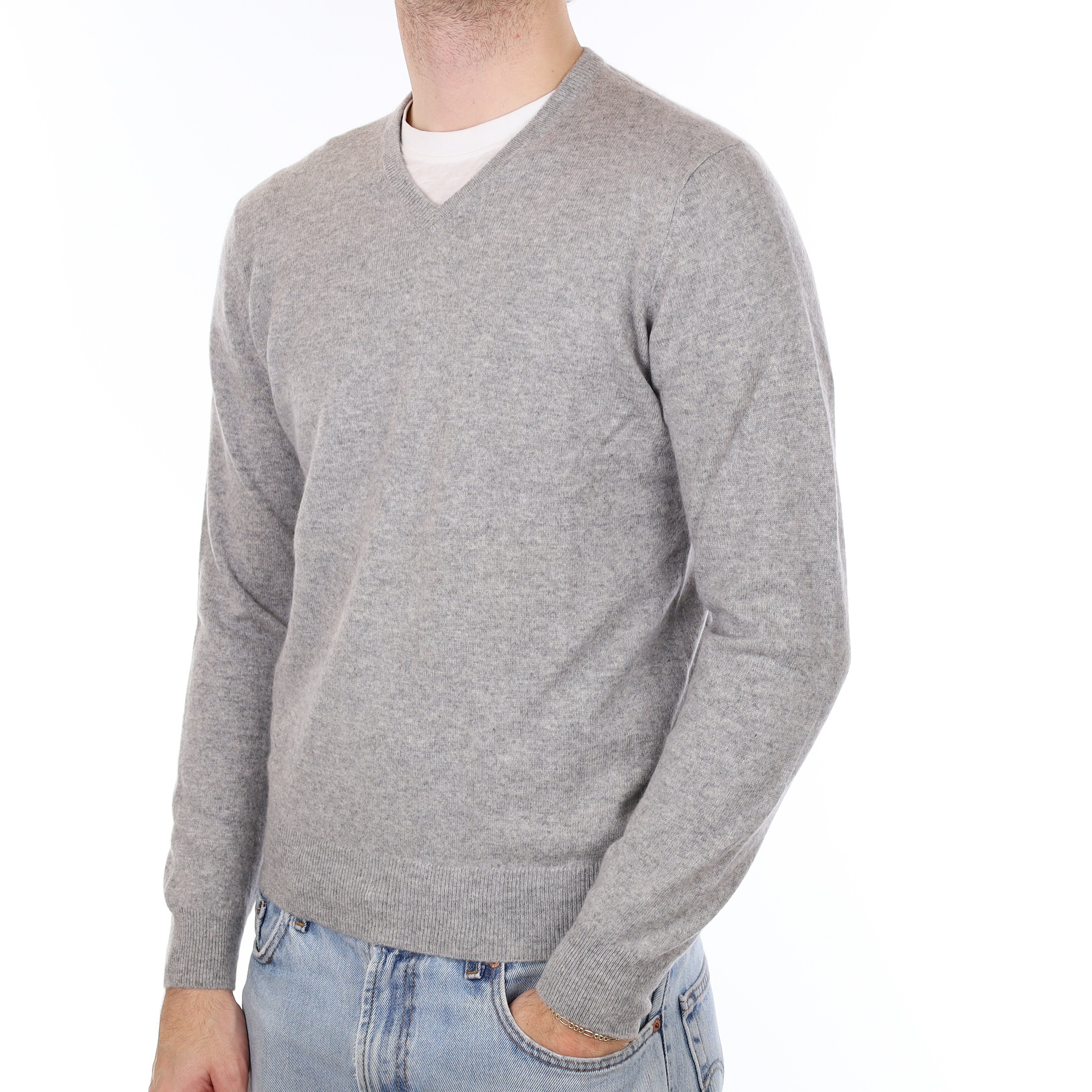 Men's Smoke Grey Cashmere V Neck Jumper Medium
