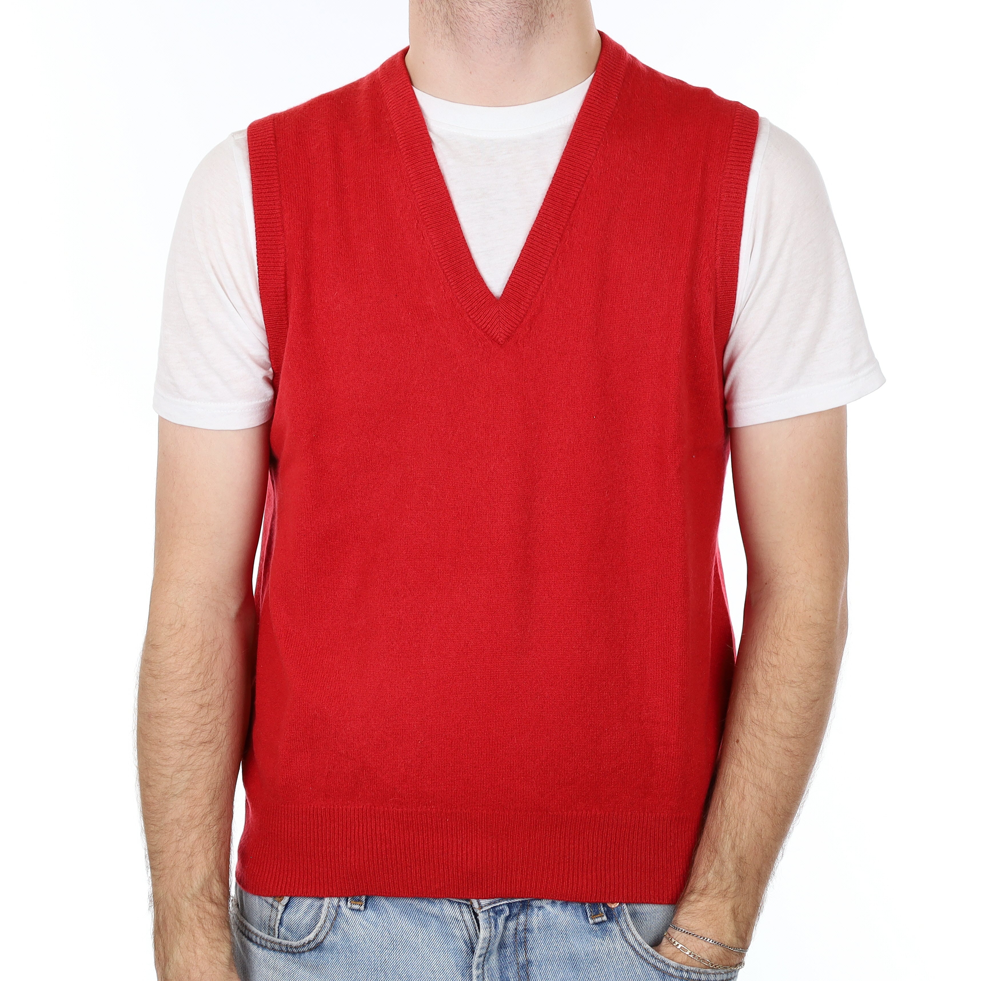 Men's Scarlett Red Cashmere V Neck Tank Top Medium