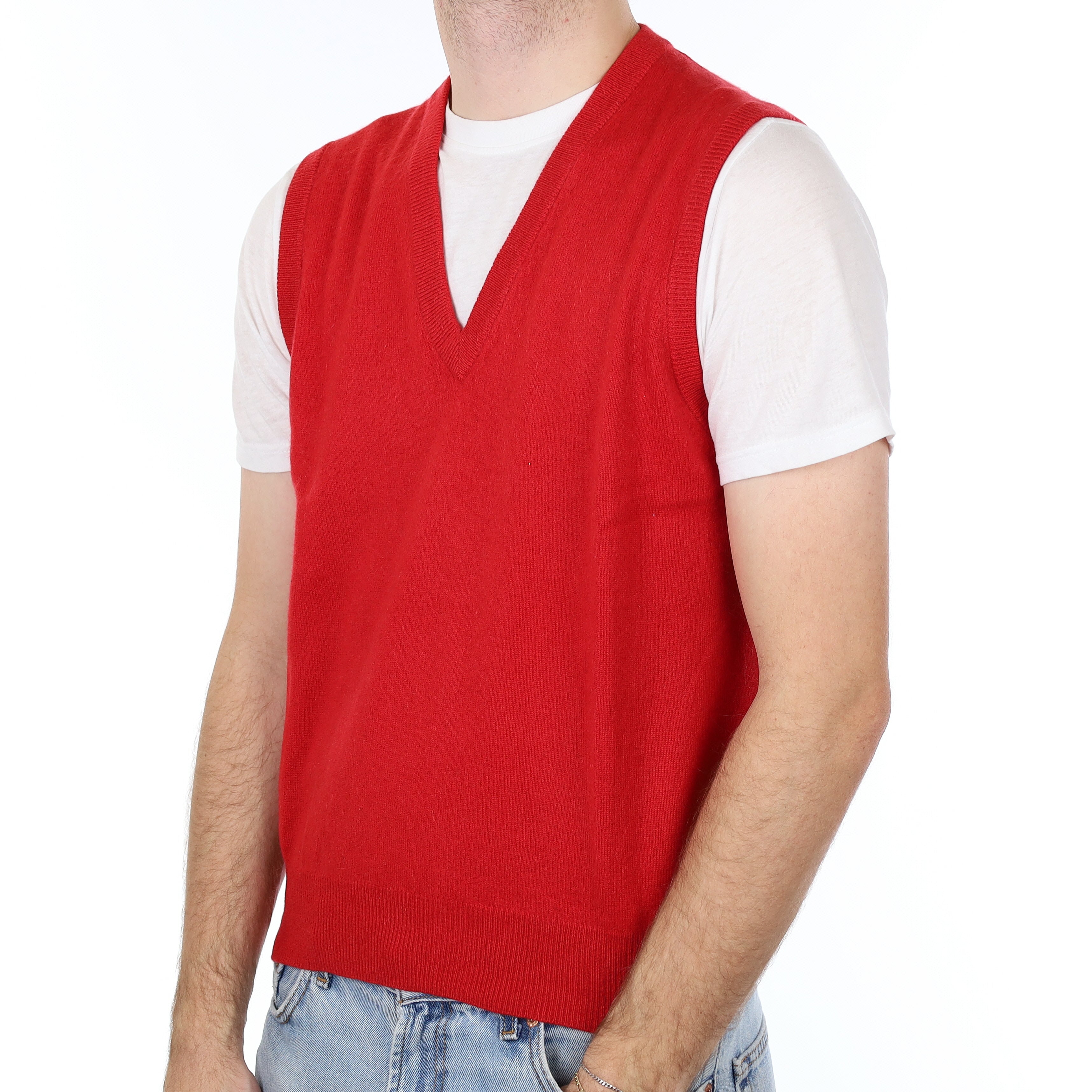 Men's Scarlett Red Cashmere V Neck Tank Top Medium