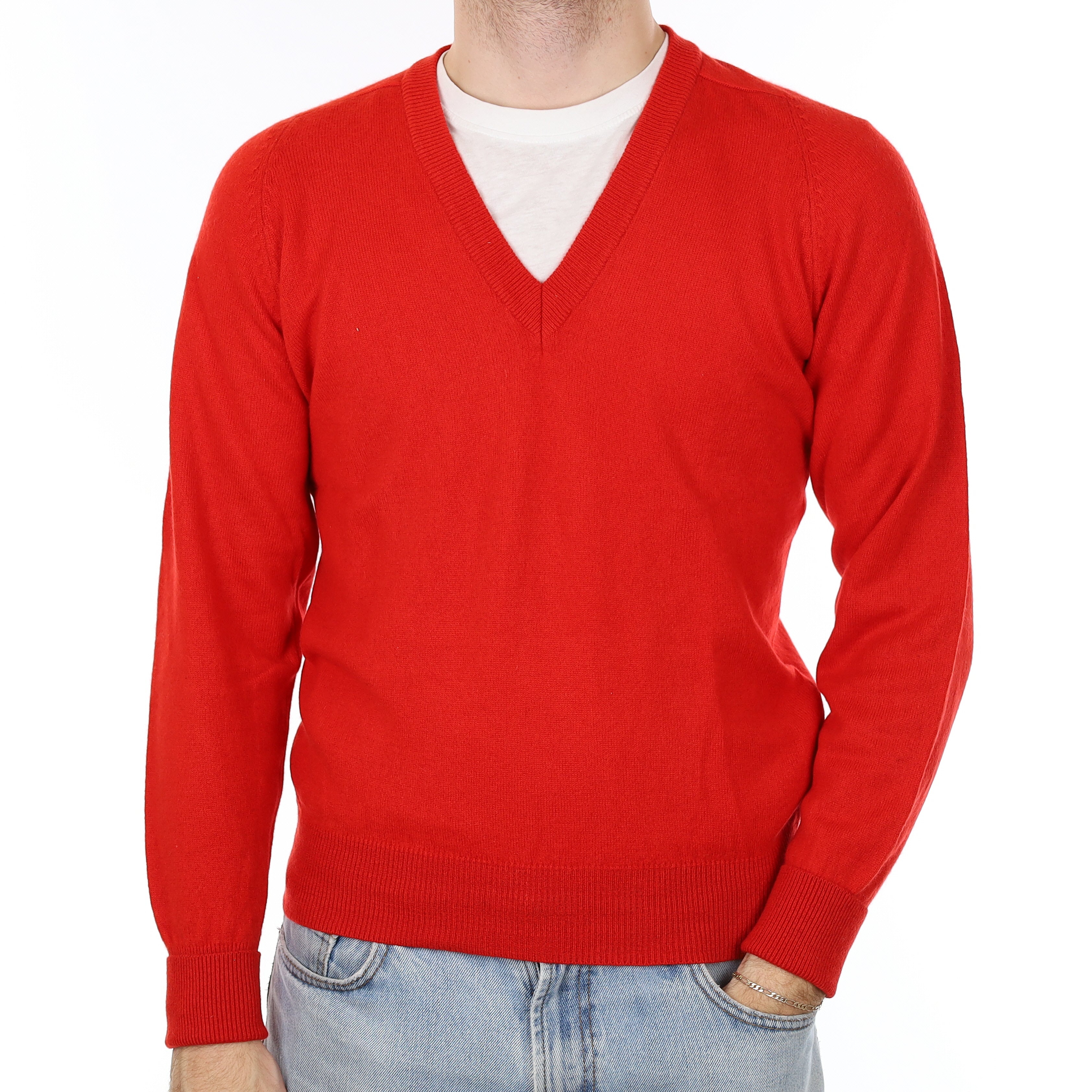 Men's Poppy Red Cashmere V Neck Jumper Medium